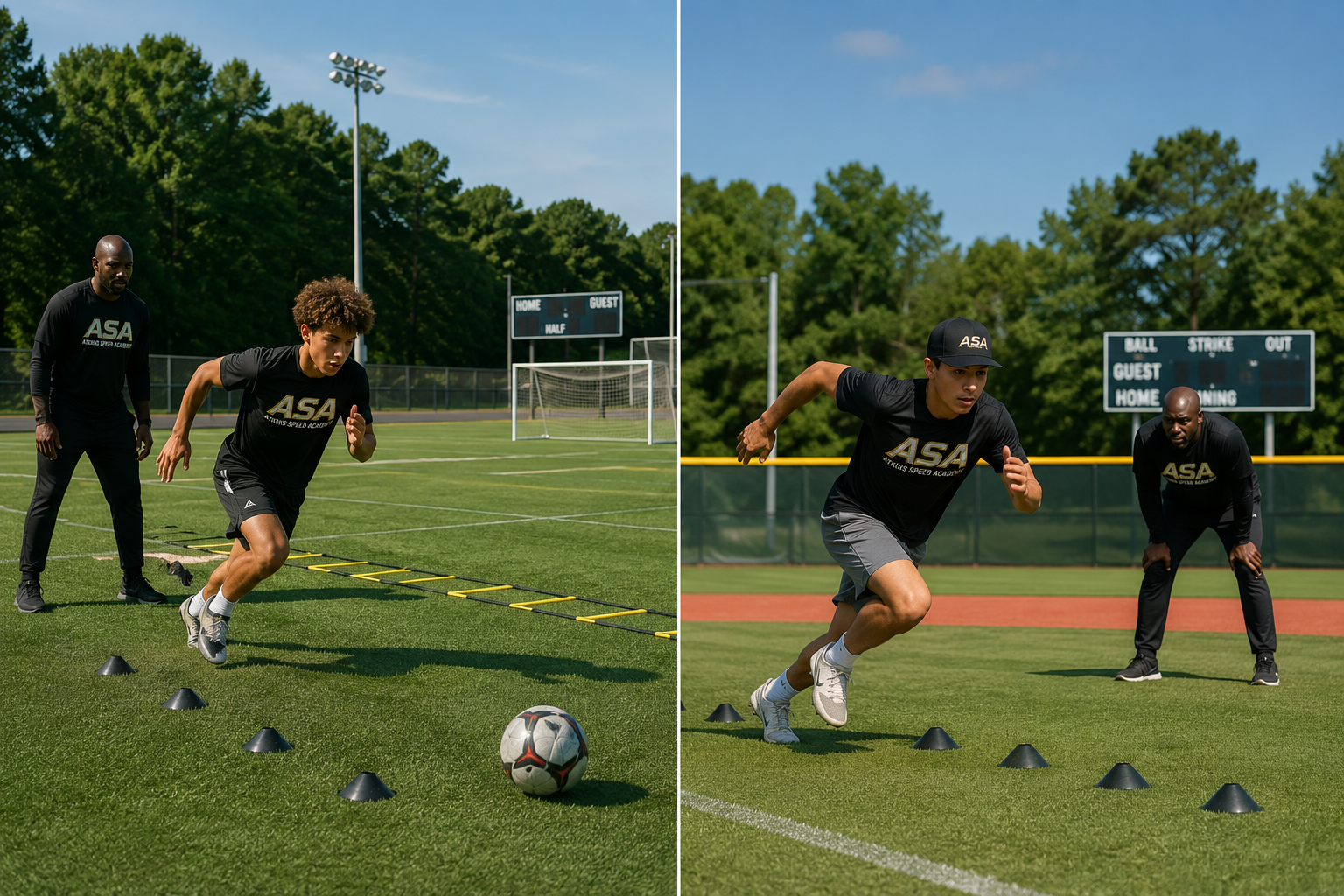 Two young male soccer players practicing agility drills on a grassy field, supervised by a coach. Both players are wearing black shirts with 'ASA' printed on them and are running through cones, with a soccer ball nearby. The scene is set on a bright, sunny day at a sports field with trees and a scoreboard in the background.