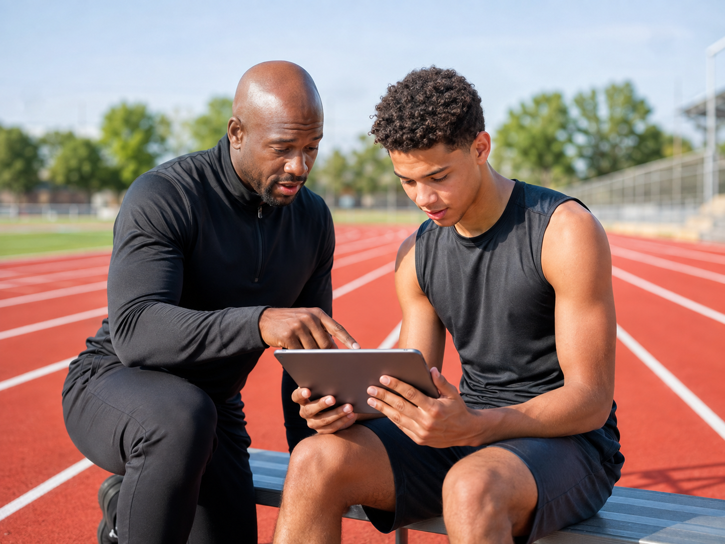 A coach and a young male athlete sitting on a bench at an outdoor running track, discussing something on a tablet.