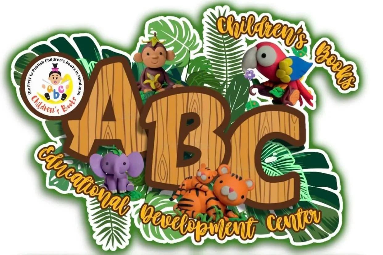 Colorful logo with the words "ABC" in wood-textured letters, surrounded by jungle leaves, featuring plush animals including a monkey, parrot, elephant, and tigers, for a children's book and developmental center.