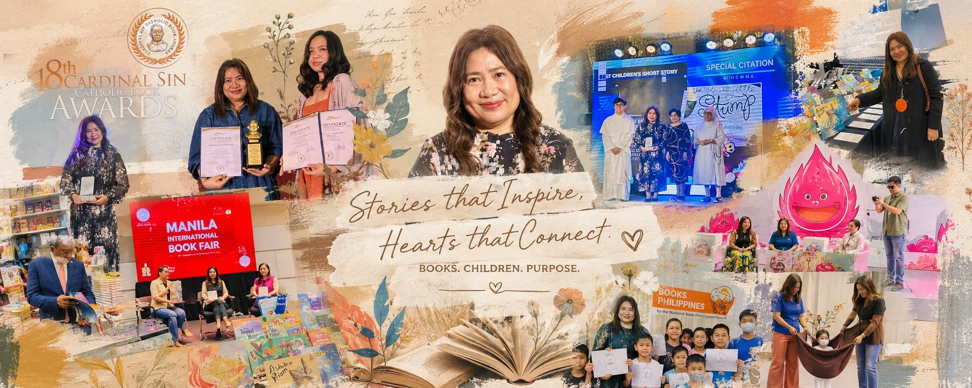 Collage of images from the Catholic Book Awards and related events, featuring people receiving awards, a book fair, children and adults at various book-related activities, and decorative elements with floral and artistic designs. Central text reads: "Stories that Inspire, Hearts that Connect. Books. Children. Purpose."
