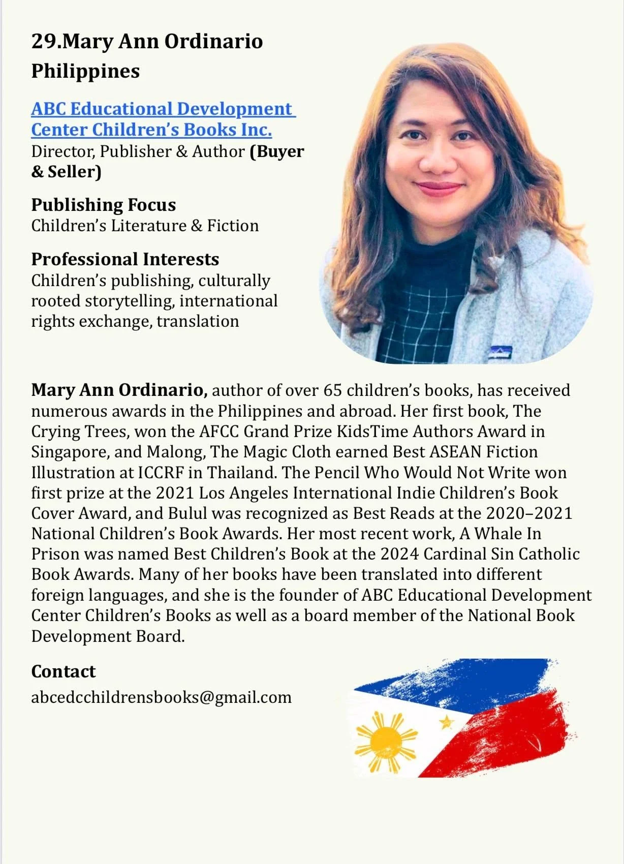 A profile photograph of Mary Ann Ordinario, an author and publisher from the Philippines, with a background of the Filipino flag.
