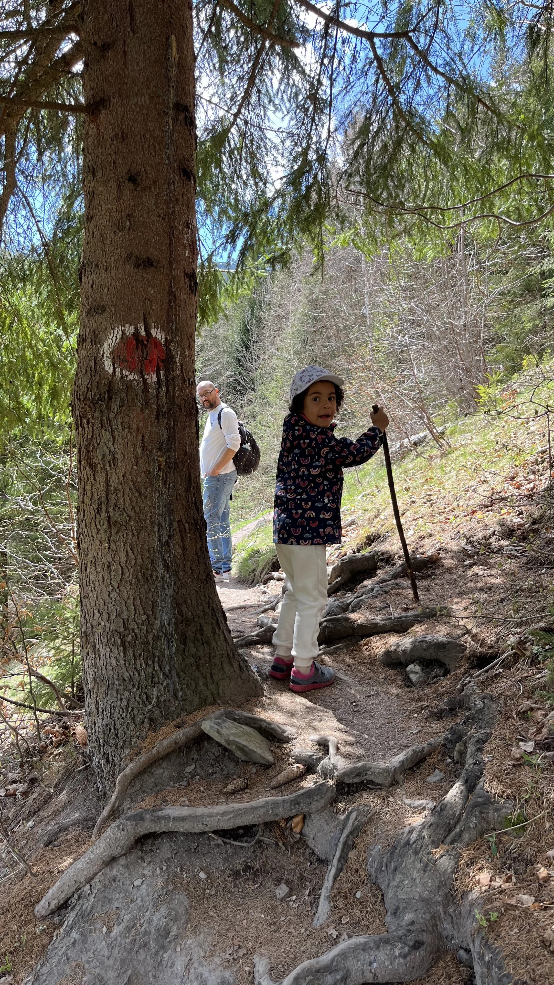 A young girl and an adult man hiking on a forest trail. The girl is holding a walking stick and looking at the camera, while the man stands behind her, smiling, with a backpack. The trail is surrounded by trees and exposed roots.