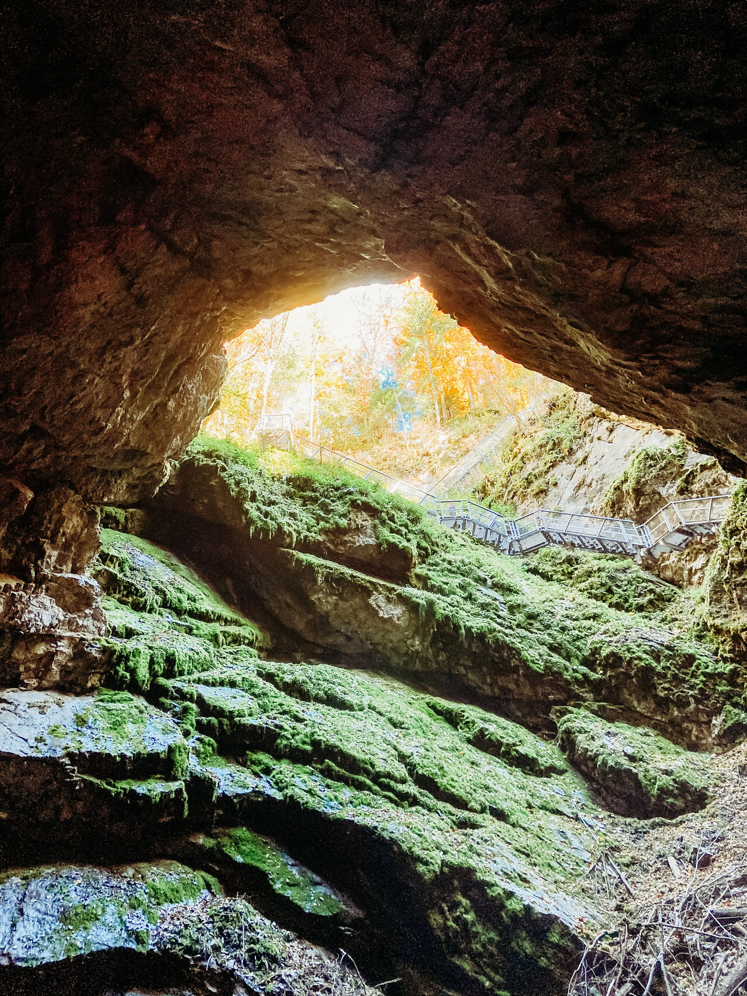 View from inside a rocky cave looking outward to autumn-colored trees and a staircase outside.