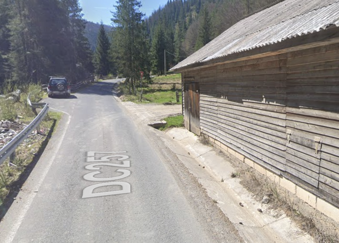 A narrow mountain road labeled DGS 125 with a wooden building on the right and pine trees in the background.