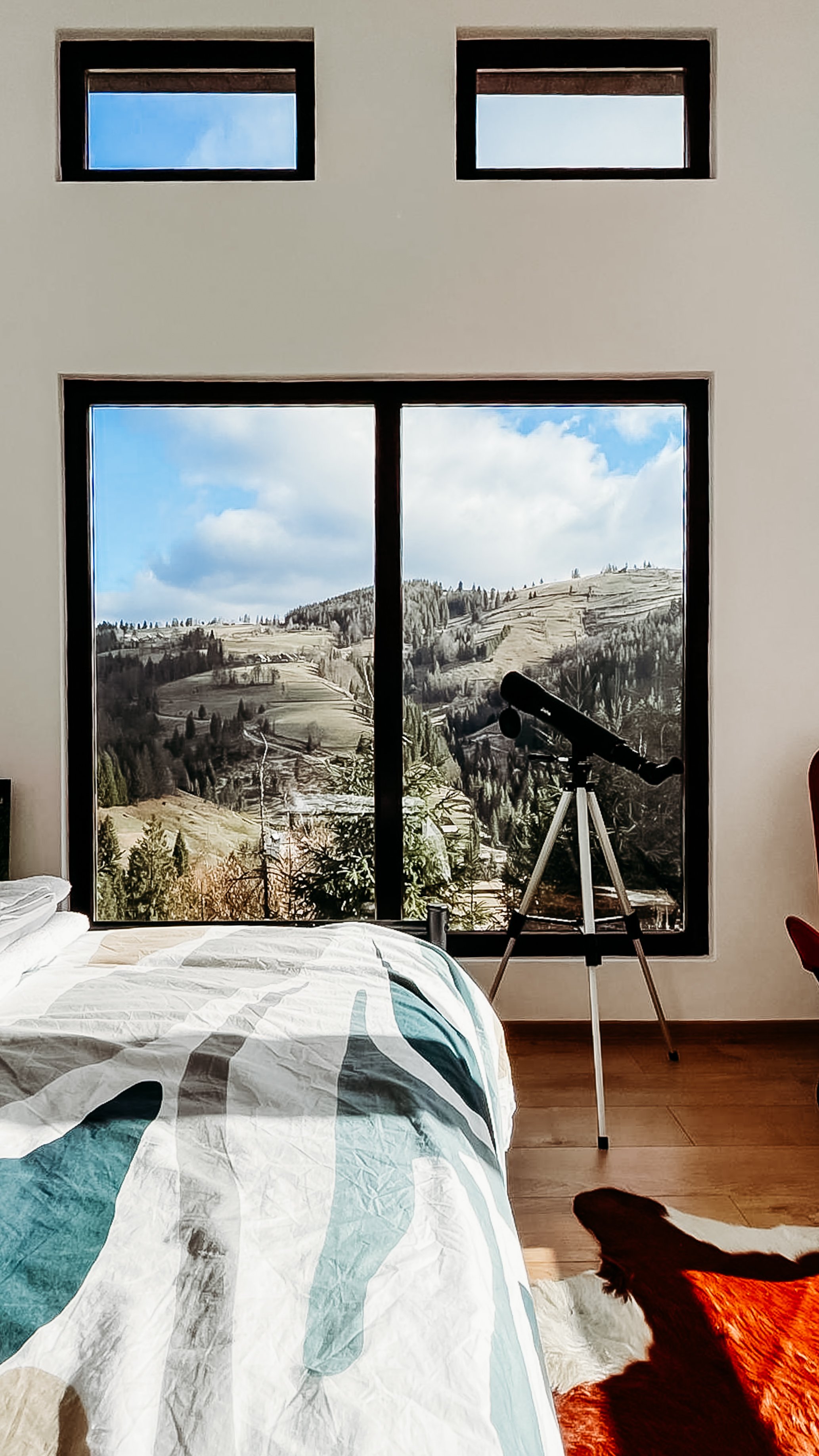 A room with a large window showing a mountain landscape with trees and cloudy sky, a telescope near the window, and part of a bed with a patterned comforter. A dog with reddish-brown fur is lying on a rug in the lower right corner.
