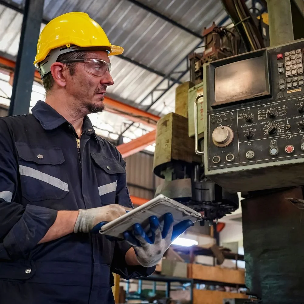 A factory worker in safety glasses and a yellow hard hat inspects a control panel with a tablet in hand.