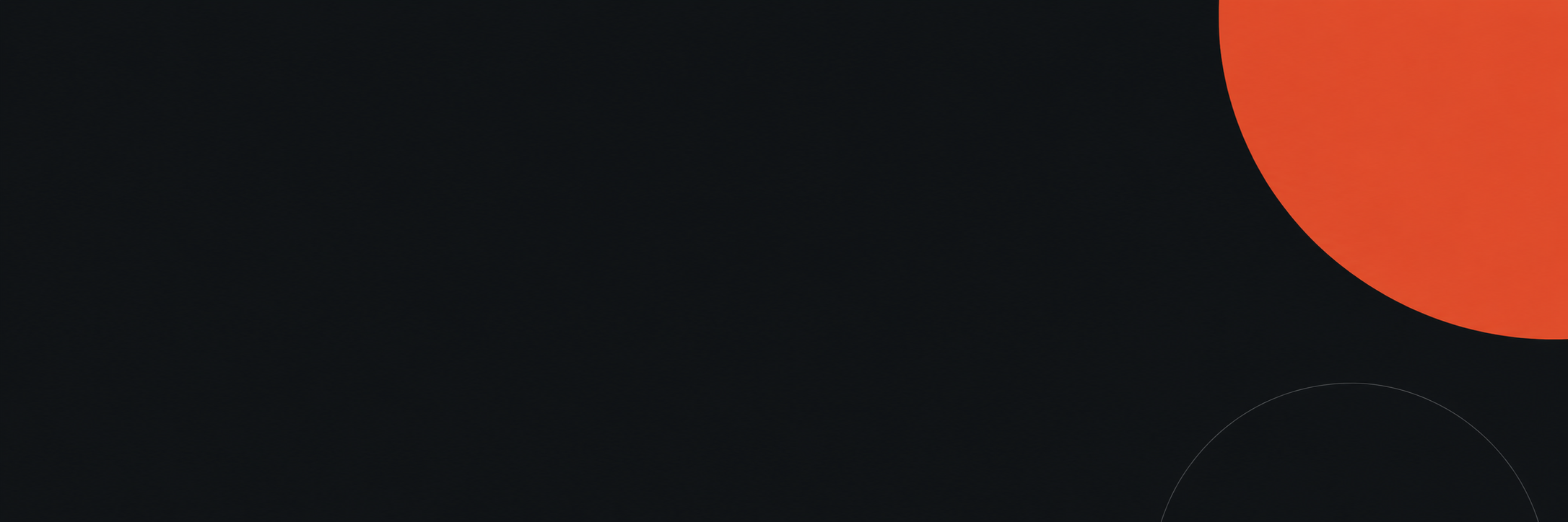 A dark background with a large orange circle in the top right corner and a faint curved line in the bottom right.