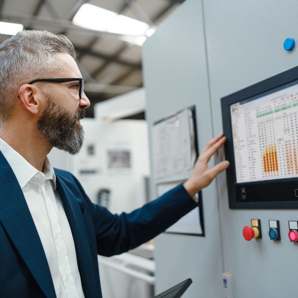 A man with glasses and a beard in a suit operating a computer screen in an industrial or manufacturing setting.