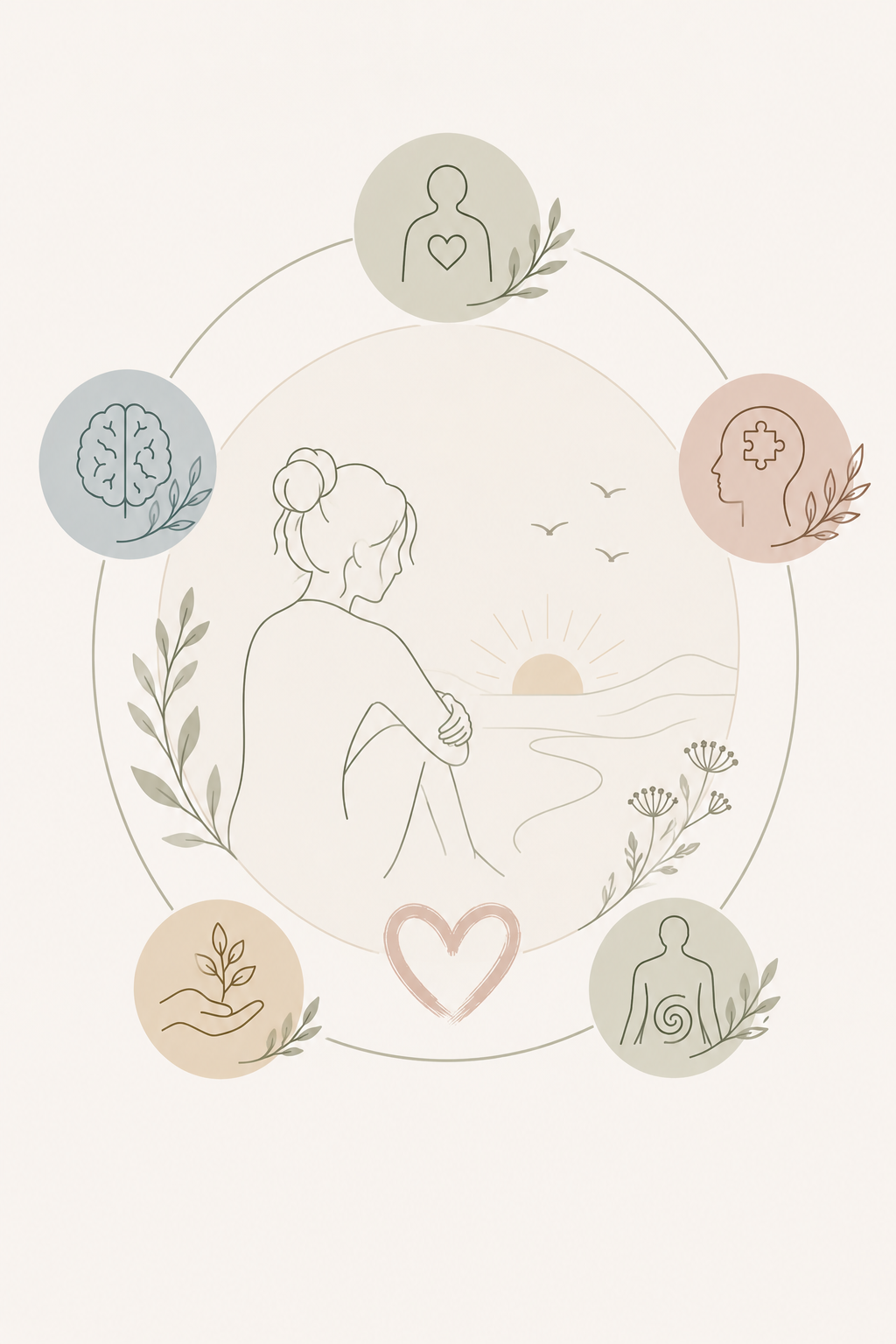 Minimalist illustration of a woman sitting by the water at sunset, surrounded by icons representing mental health, emotional well-being, and holistic health, including a brain, a person with a heart, a head with a puzzle piece, a hand holding a plant, and a spiral inside a person's torso.
