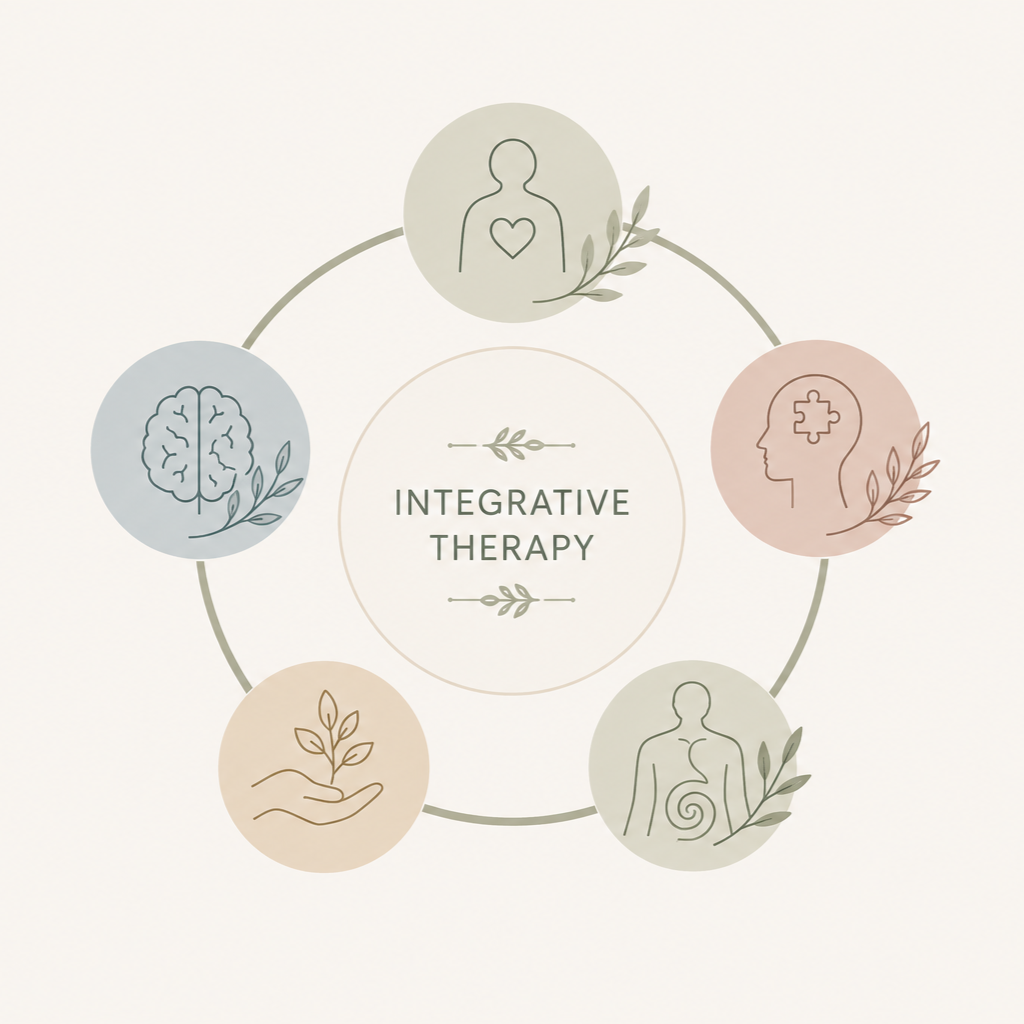 A circular diagram illustrating different aspects of integrative therapy, including the brain, mind, body, and spirit, represented by line art icons and soft pastel colors, with the words 'Integrative Therapy' in the center.