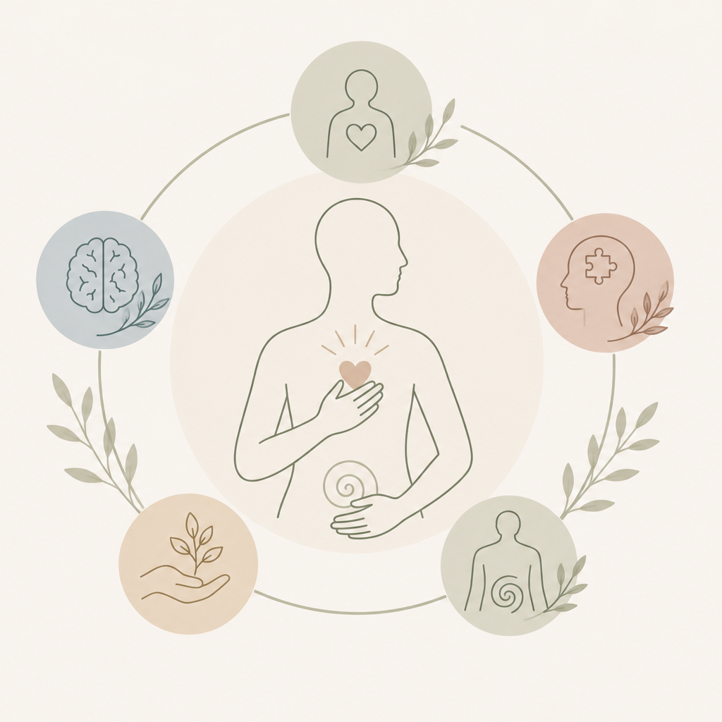 Illustration of a person with a heart, stomach, brain, and mind connected by a circular flow, symbolizing holistic health and wellness.