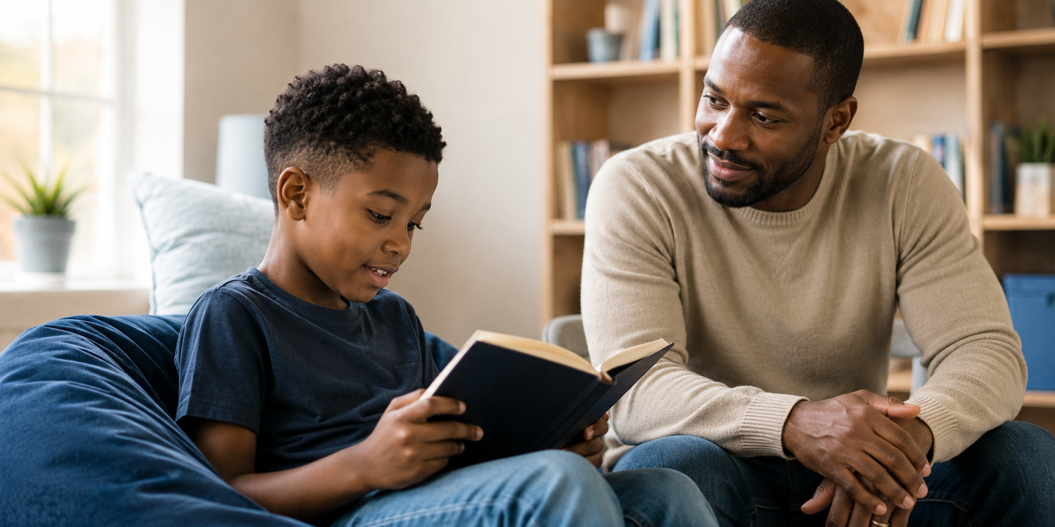 Young Black boy reading with a supportive adult