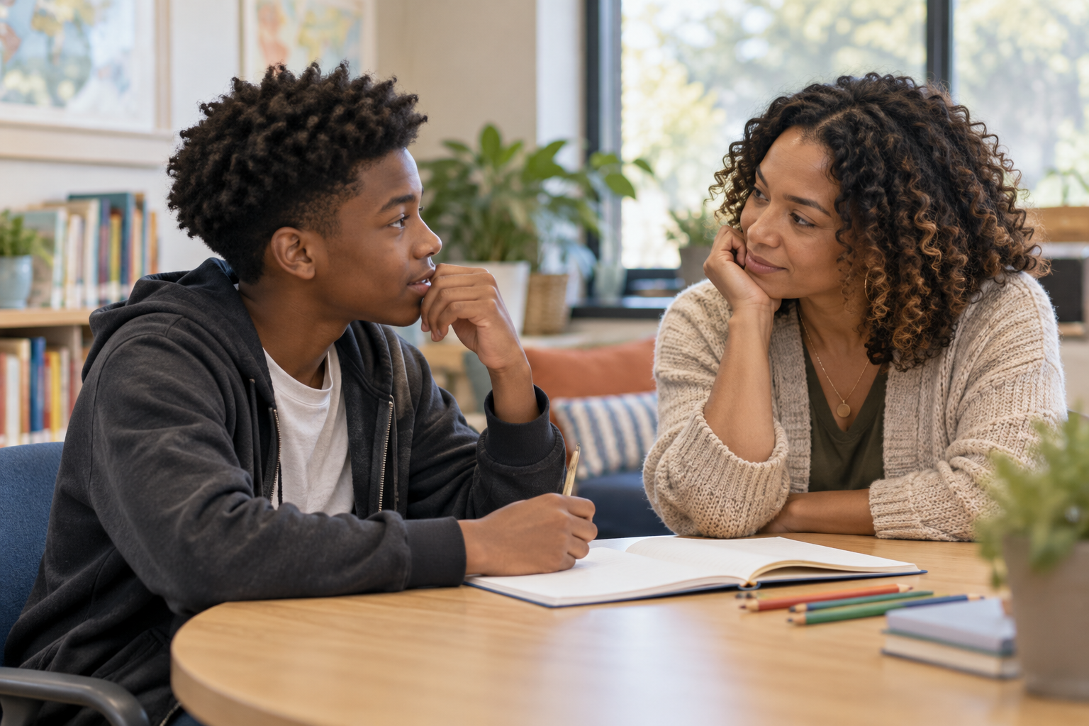 A student and educator having a calm, supportive conversation at a table.
