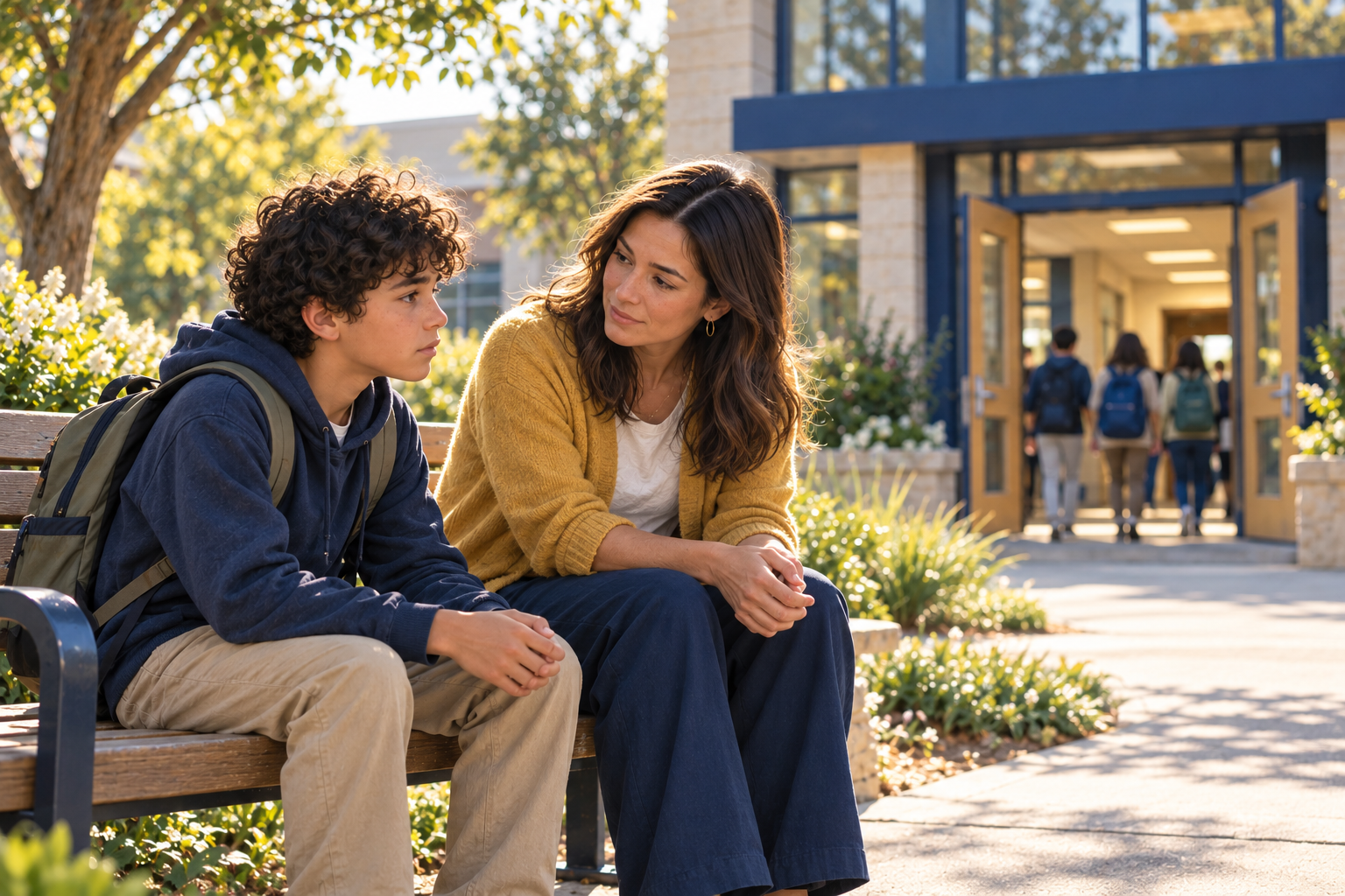 AI-generated image of a student with a backpack talking with a supportive adult outside school.