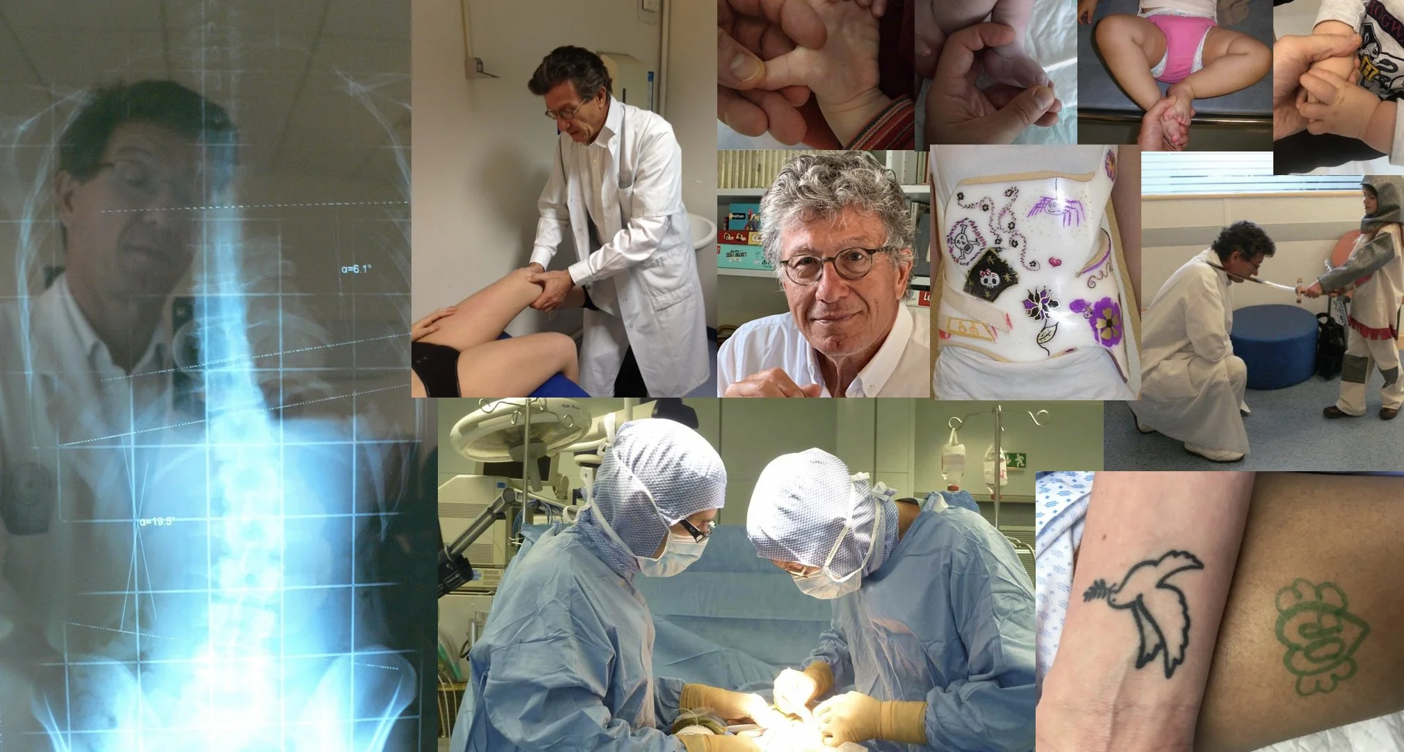 Une série de photos illustrant une intervention médicale ou chirurgicale et les consultations du Docteur Olivier Badelon, chirurgien orthopédiste pédiatrique en Ile de France et dans le Morbihan, à Neuilly sur Seine, à Vannes et à la Trinité sur Mer.