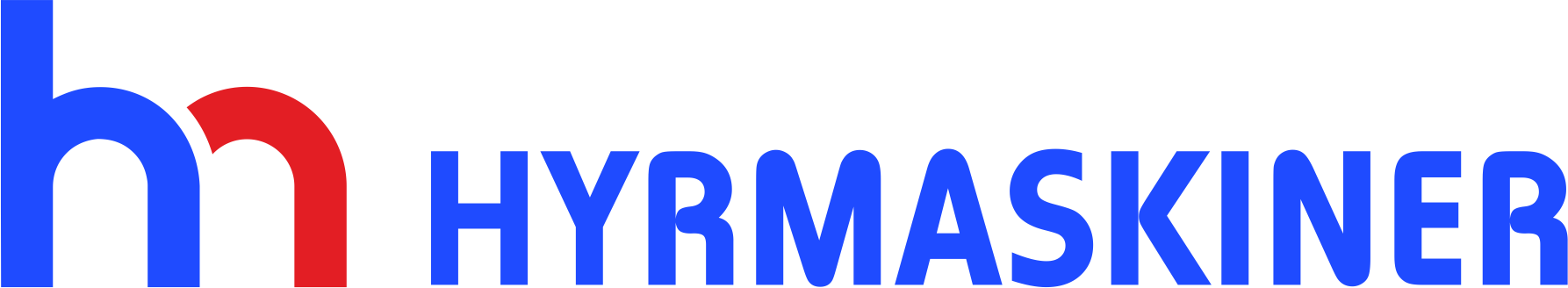 Logotyp för hyresmaskiner med bokstäverna 'h' och 'm' i blå och rött, samt ordet 'HYRMASKINER' i blått.