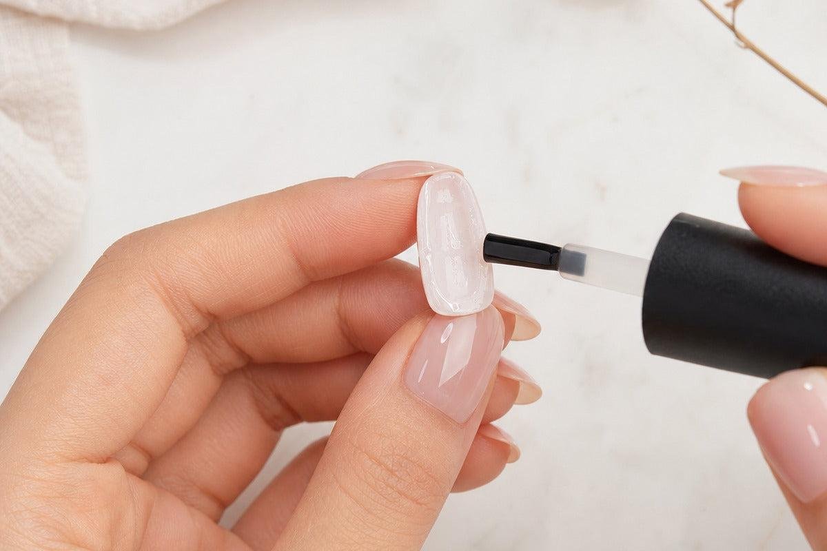Person applying press on nail glue to a press on nail.
