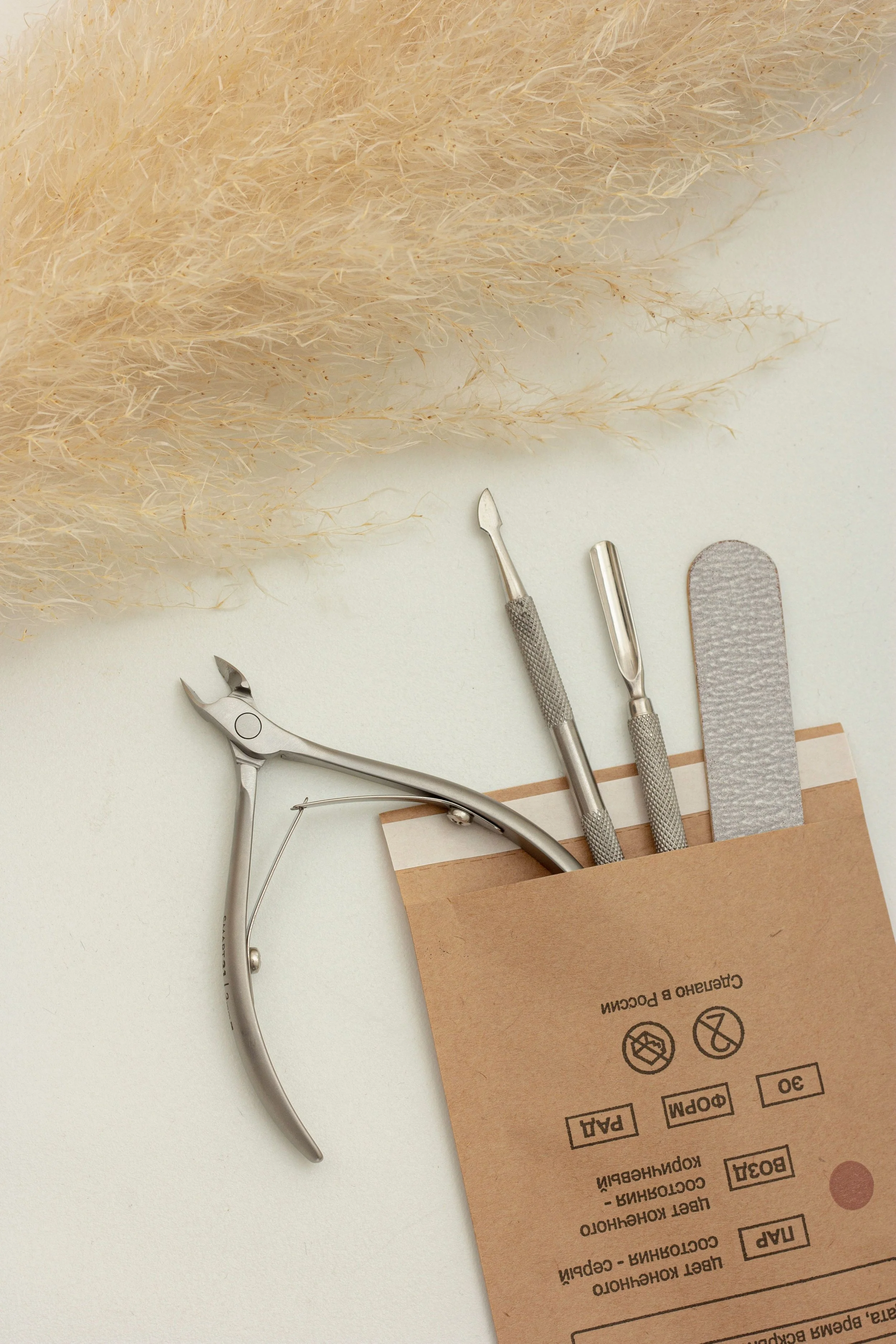 Nail tools including a cuticle pusher, tweezer, cuticle nippers and an abrasive strip in a paper holder on a white background, with a fluffy dried plant in the background.