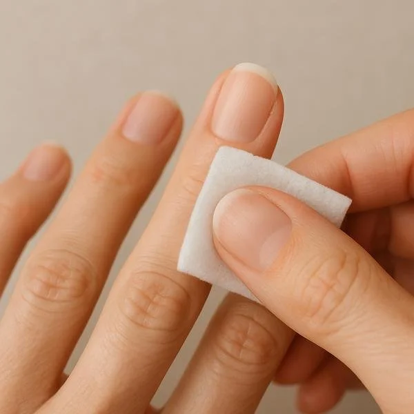 Person cleaning or drying their fingernail with an alcohol swab.