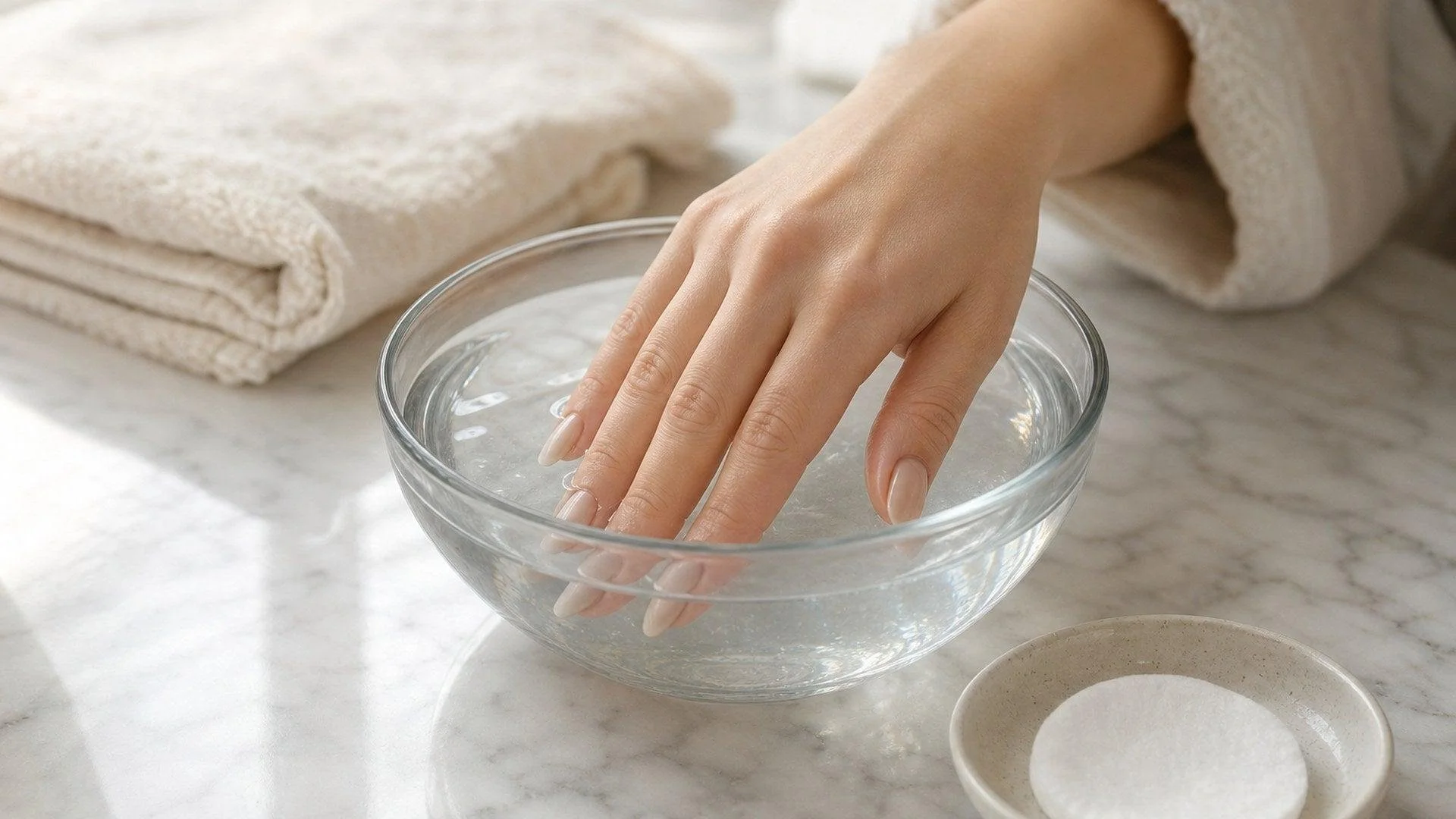 A hand dipped in water inside a clear glass bowl on a marble countertop with towels nearby.