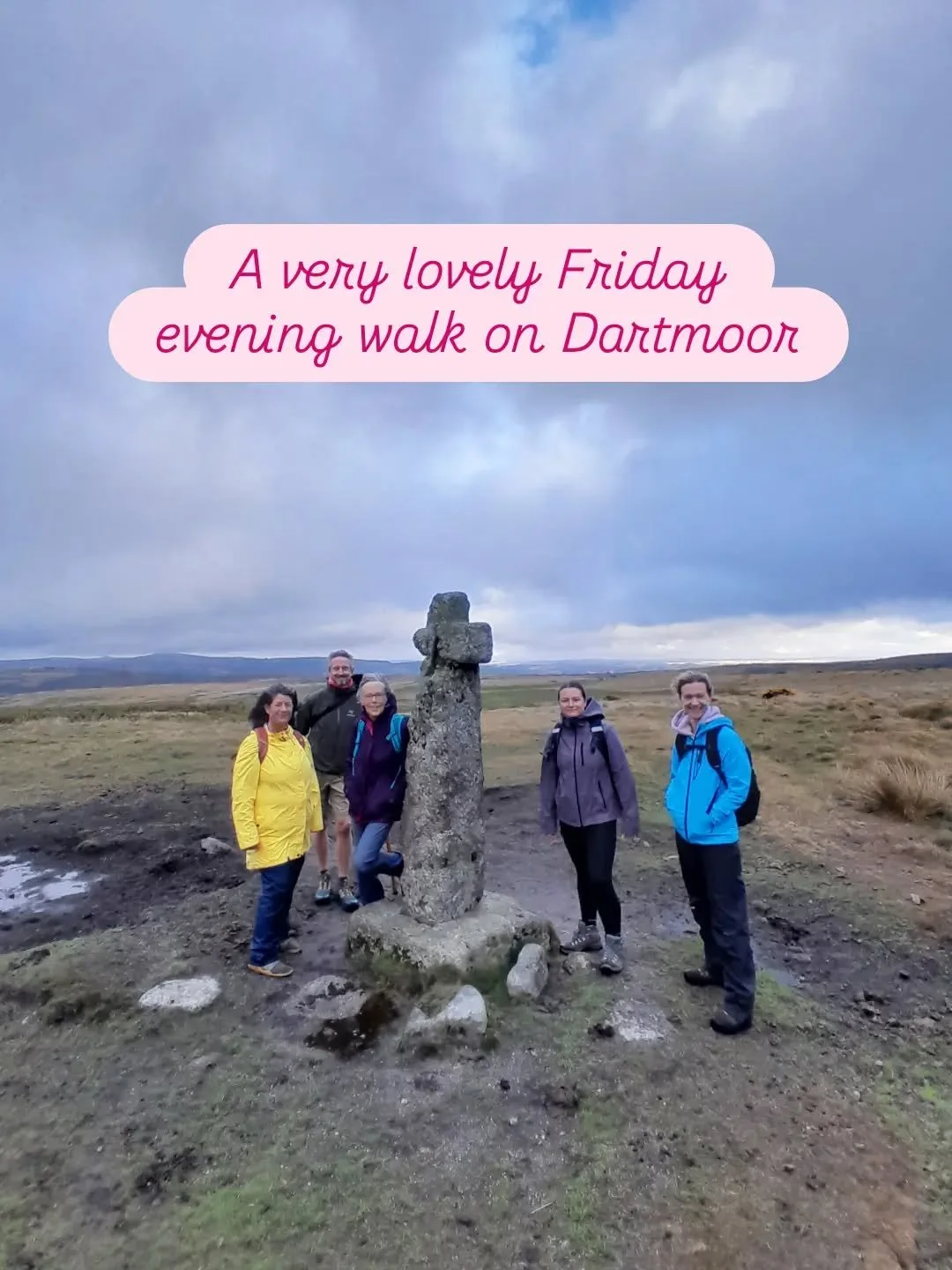 Five lovely people joined me for an evening walk yesterday.

We visited Horn's Cross and some Bronze Age remains, including a cist, a stone row and a hut circle.

We spent some time sitting quietly in the hut circle overlooking Venford Reservoir, and