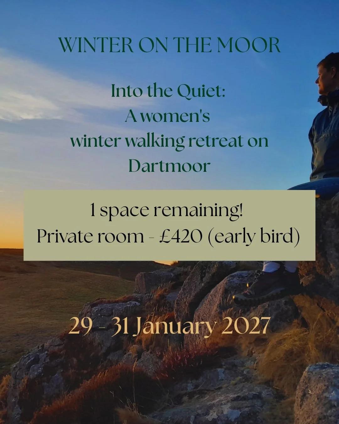 Into the Quiet: A women's winter retreat on Dartmoor

9 spaces now taken - only 1 remaining!

I'm thrilled to be offering the first Wild Calm Dartmoor winter retreat in January.

I'm looking for a small group of women who would enjoy getting away for