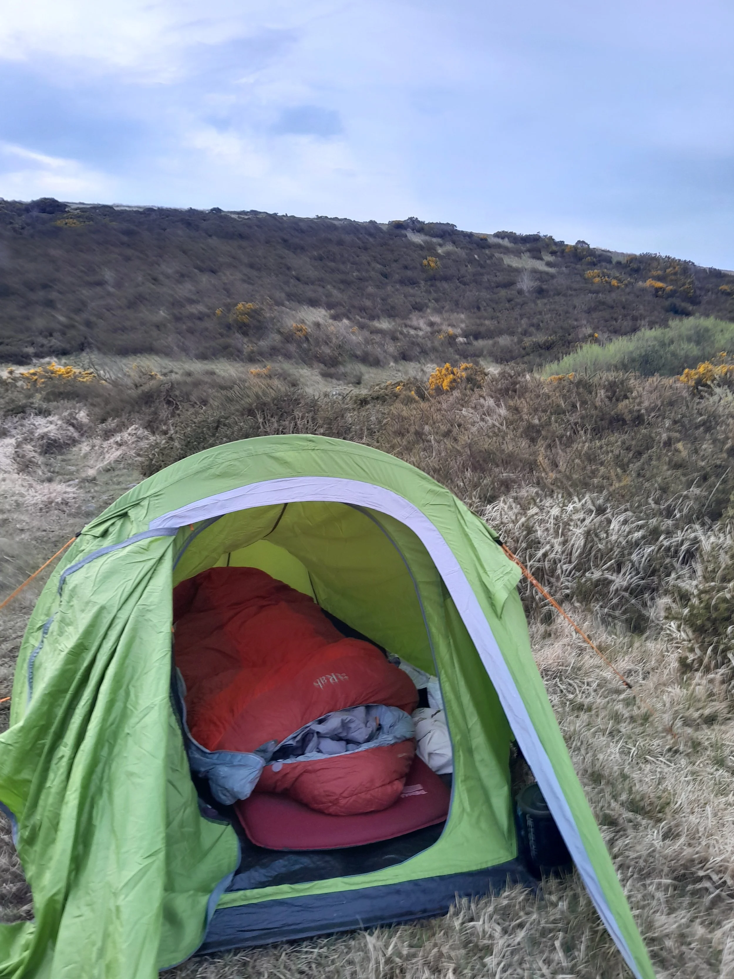 A green camping tent set up in a field of dry grass with a hill covered in bushes and small trees in the background, and a partly cloudy sky overhead.