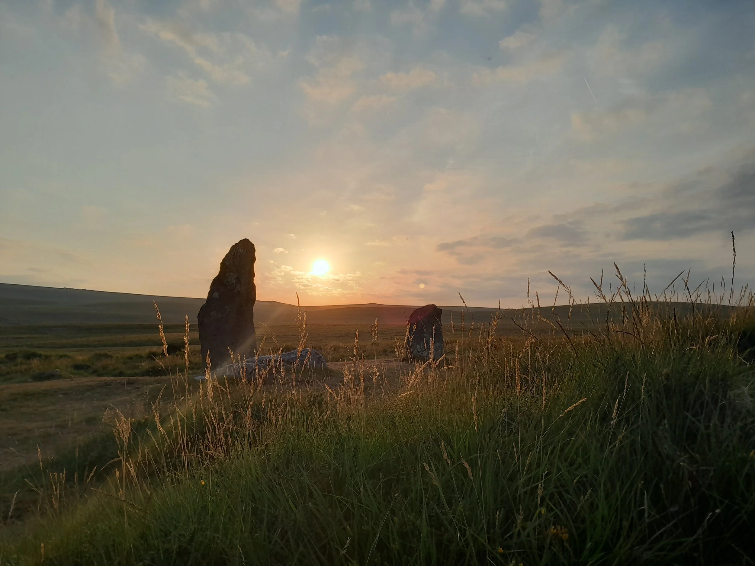 A sunset over a landscape with tall grass and a large rock formation.