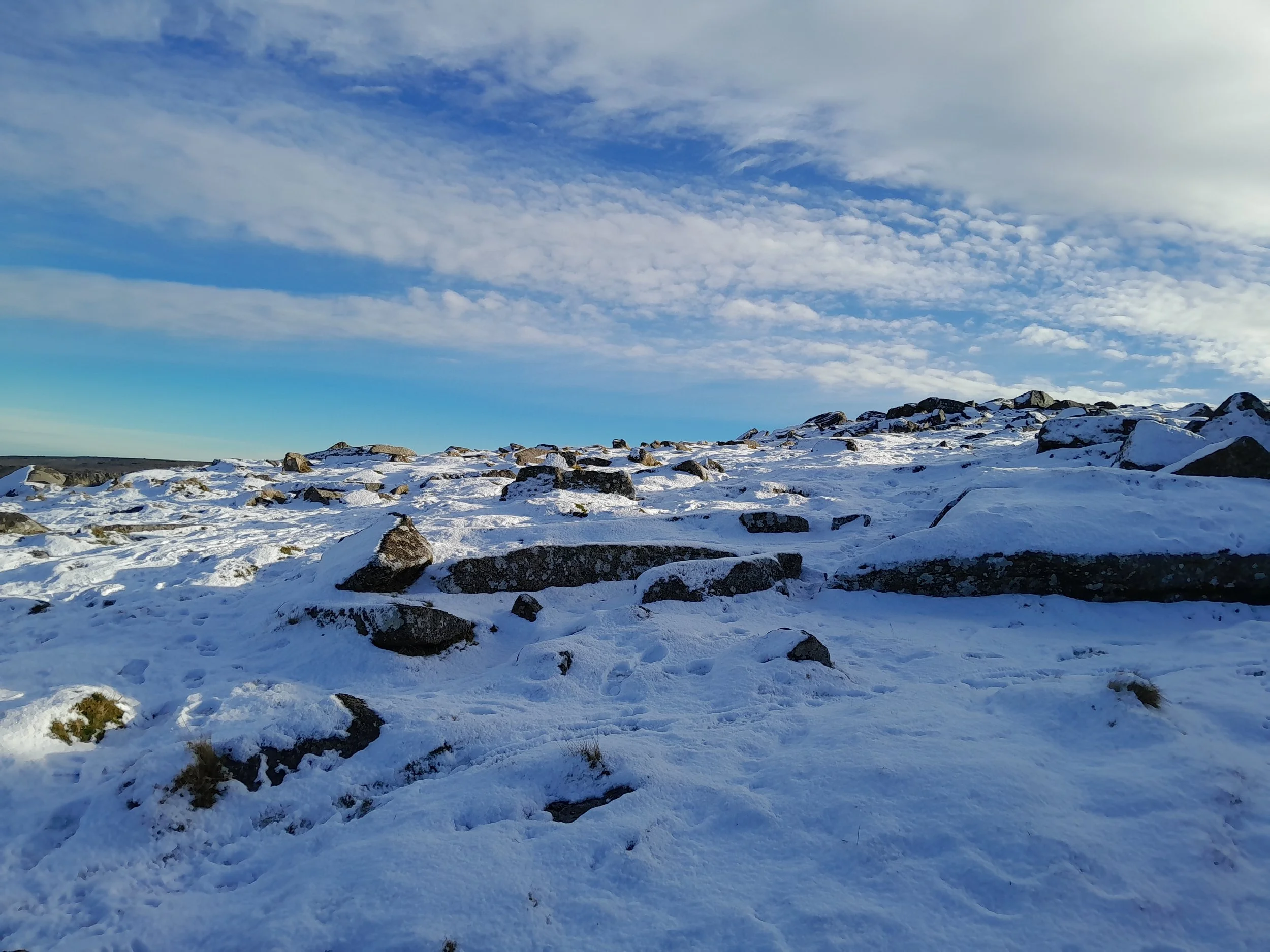 Snow-covered rocky terrain under a partly cloudy sky.