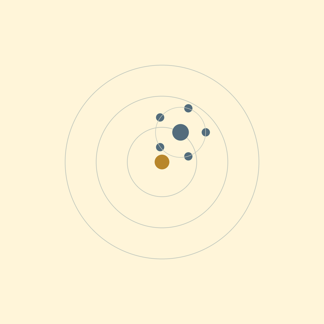 A graphic of an atomic model with a nucleus and electrons orbiting around it, on a light background.