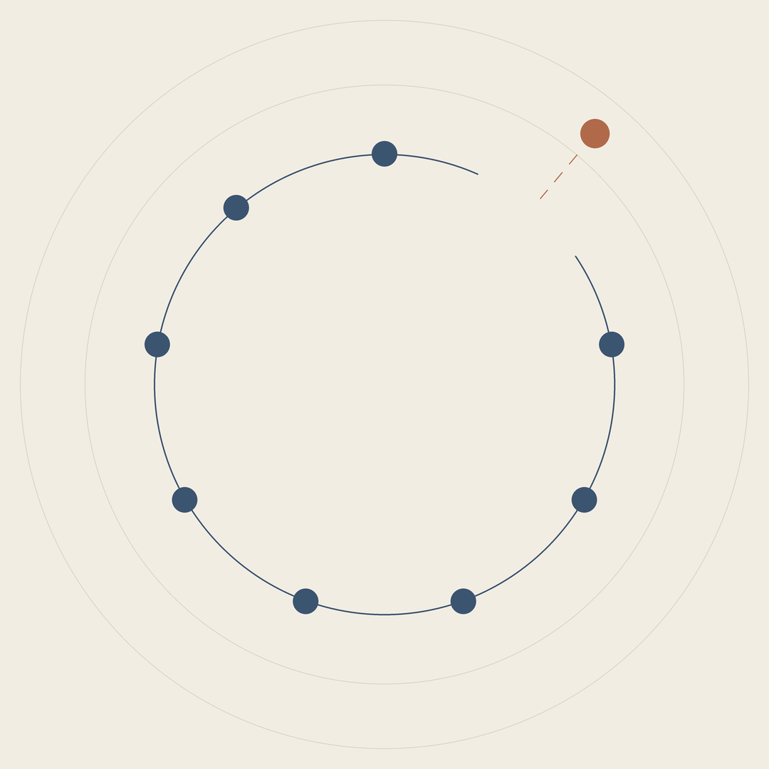 A stylized diagram of a planetary system with eight dark blue planets orbiting a central point, and a brown asteroid or comet moving on a curved trajectory outside the orbit.