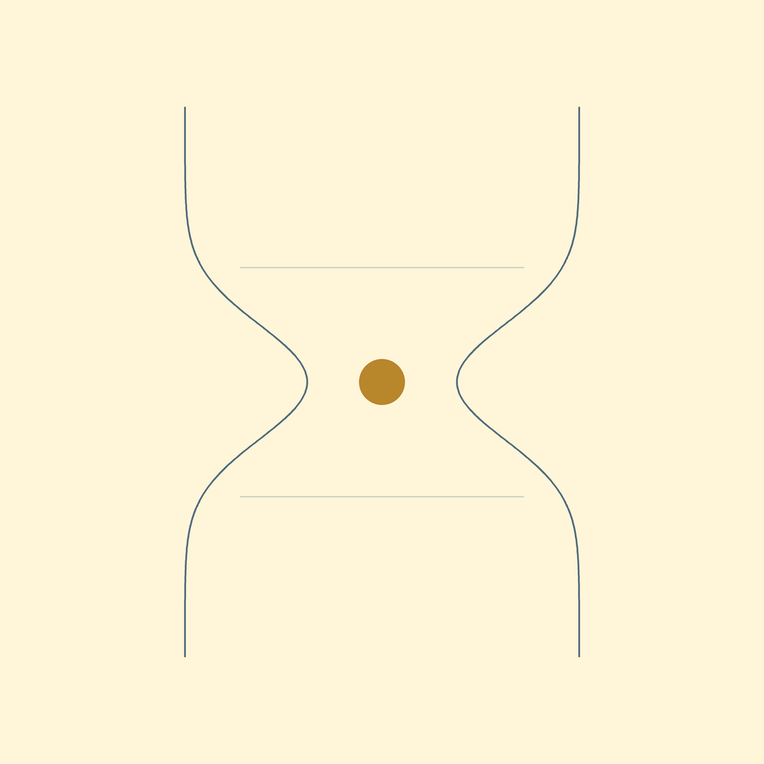 Simplistic illustration of an hourglass with a brown sand particle in the middle.