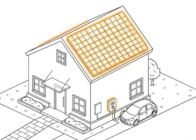 Line drawing of a house with solar panels on the roof, connected to an electric vehicle charging station outside, with a car parked nearby and a small tree in the yard.