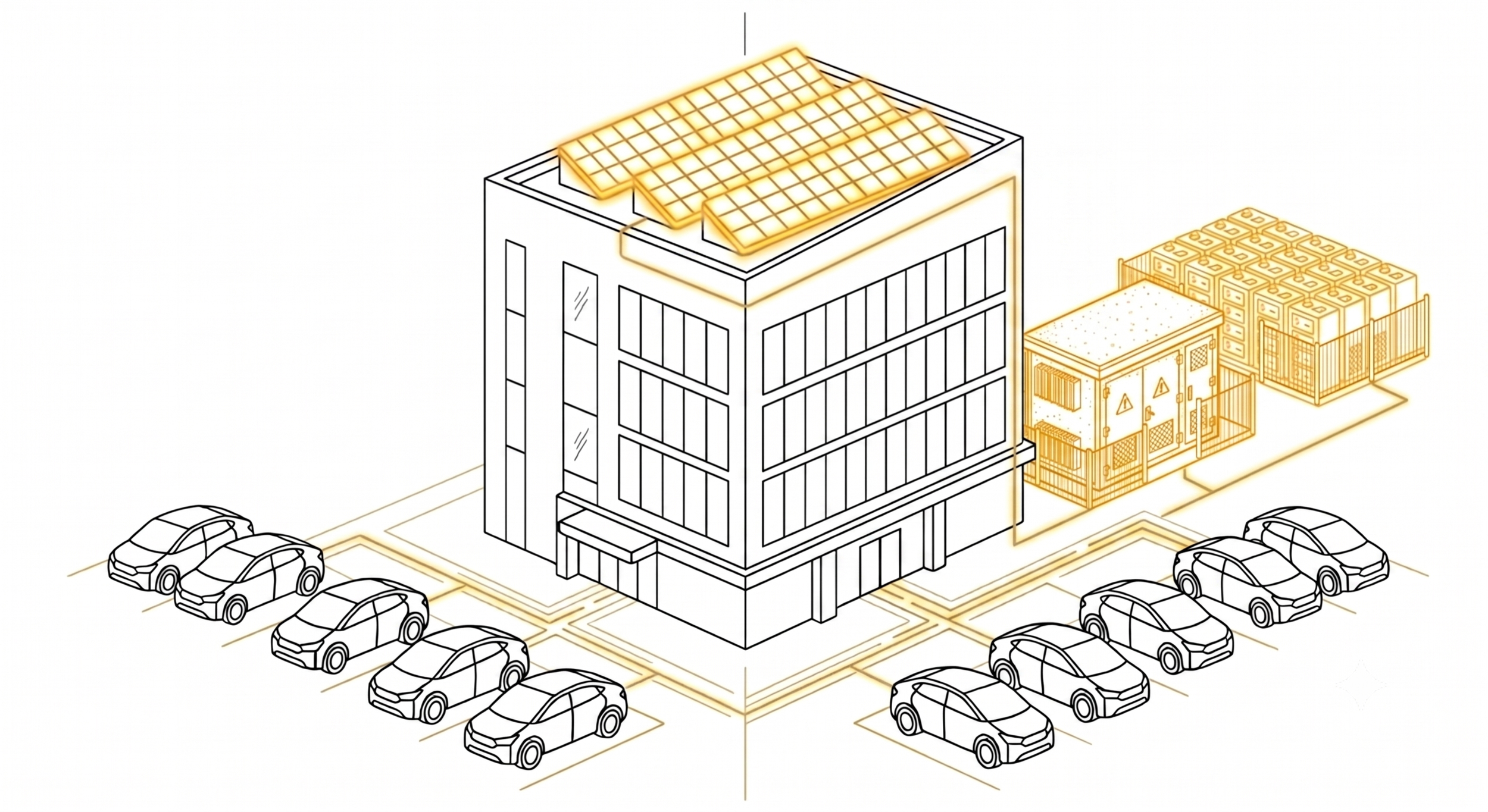 Line drawing of a building with solar panels on the roof, surrounded by parking spots and utility structures, highlighted with orange lines.