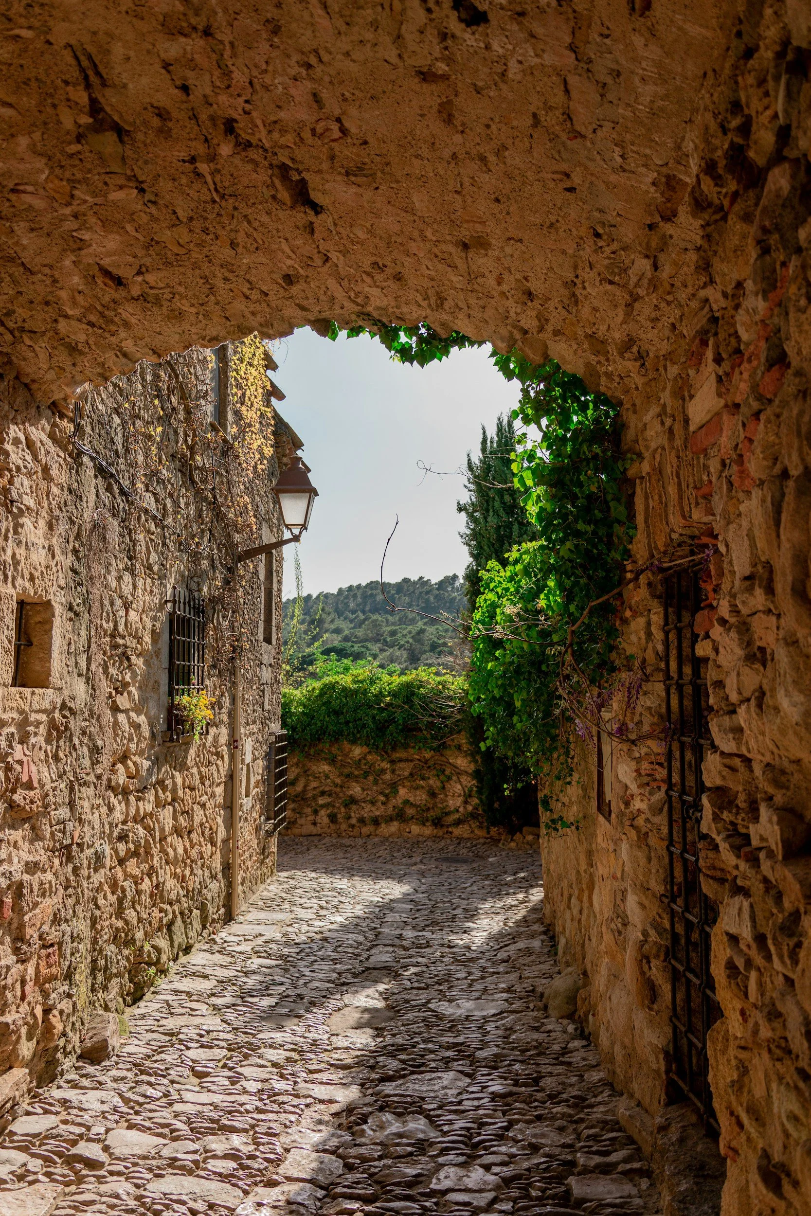 A narrow cobblestone alley between stone buildings with metal barred windows, lush green foliage spilling from walls, a vintage street lamp, and a backdrop of distant hills under a clear sky.