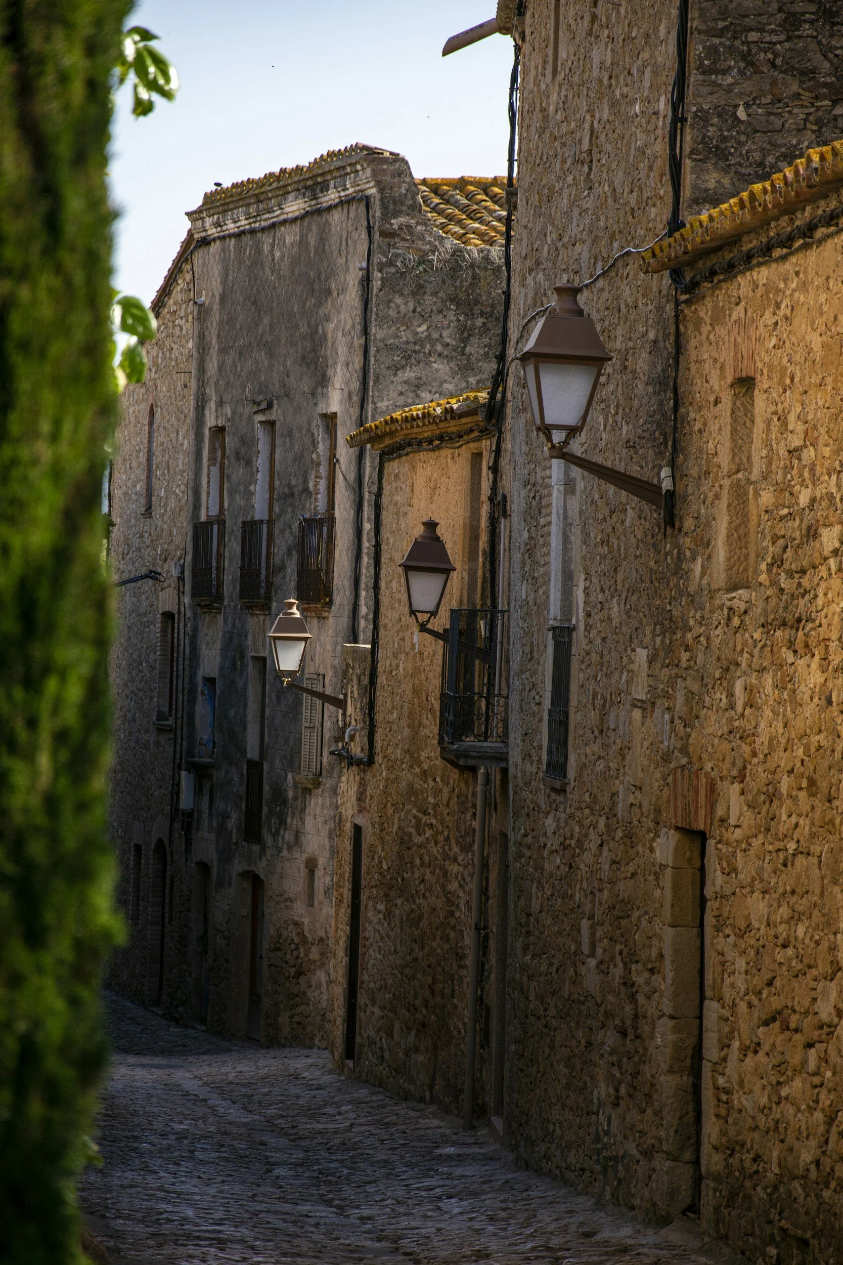 A narrow cobblestone street lined with stone buildings and old-fashioned street lamps, with a small portion of greenery visible on the left.