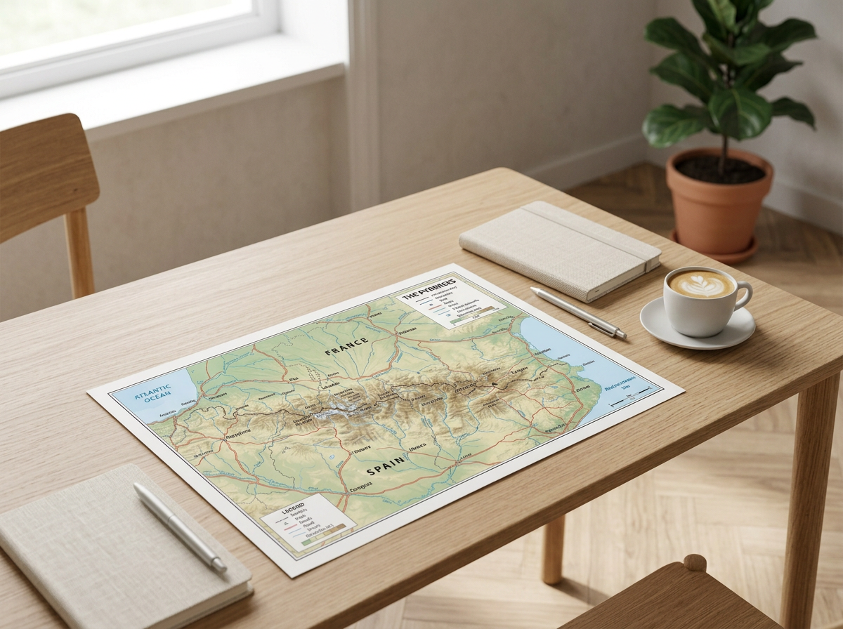A wooden table with a map of the Pyrenees mountains between France and Spain, a notebook, a pen, a coffee cup with latte art, and a potted plant nearby.