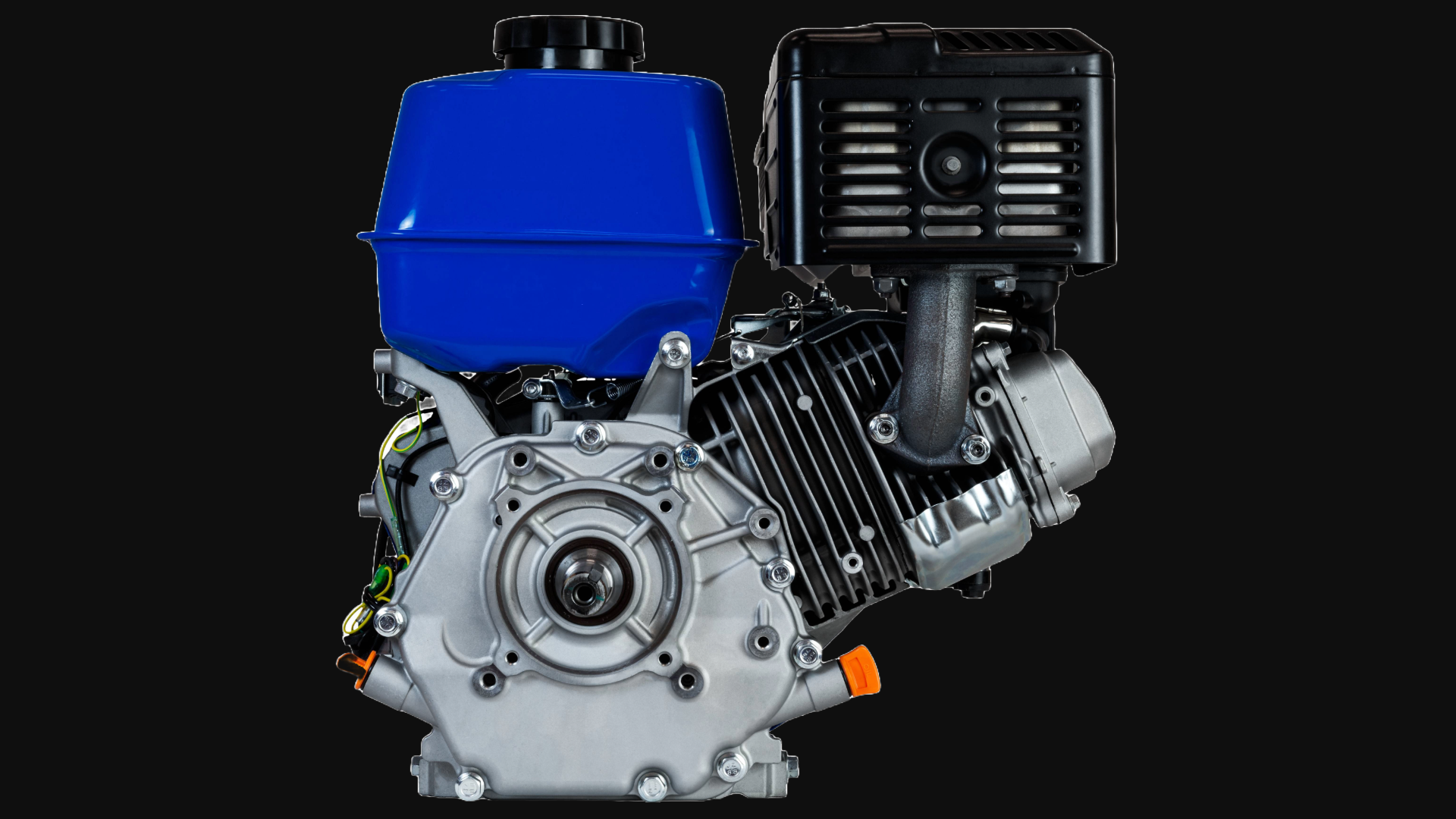 A small engine with a blue fuel tank, black exhaust, and metallic components against a black background.