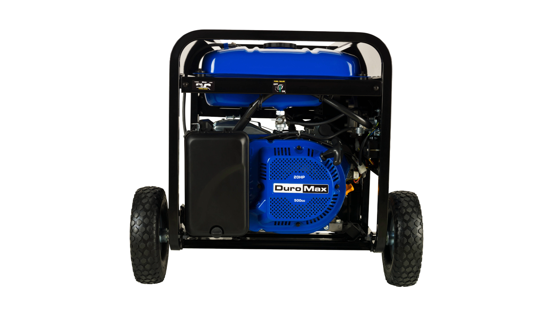 Front view of a blue and black portable generator with large black wheels and a black frame.