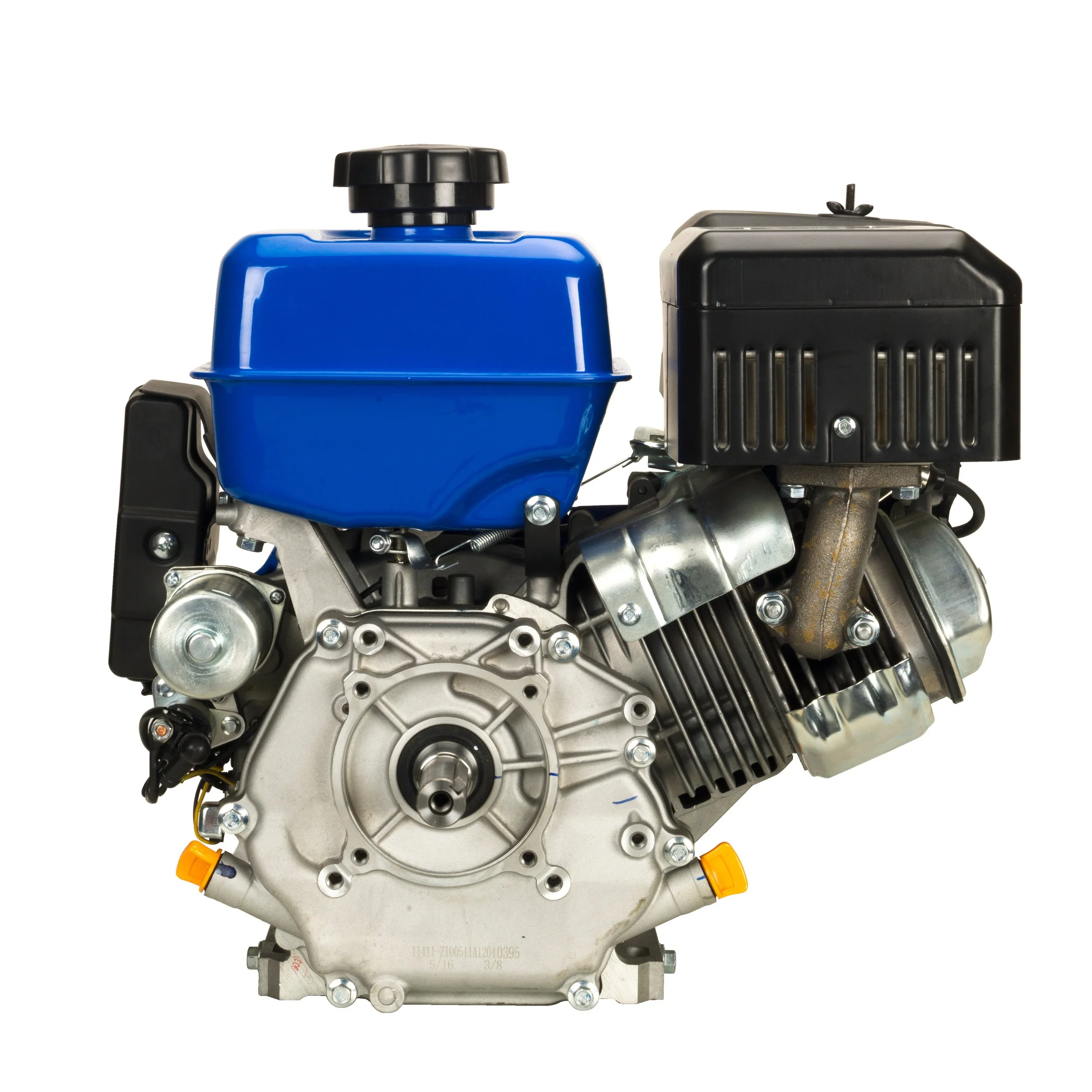 A small internal combustion engine with a blue fuel tank and a black engine cover, showing various metallic components and connections.