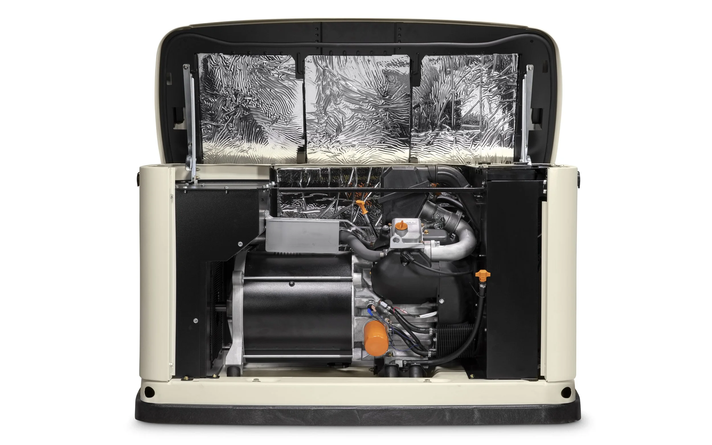 Front view of a modern dishwasher with its front panel removed, exposing internal components such as wiring, a motor, and reflective insulation.