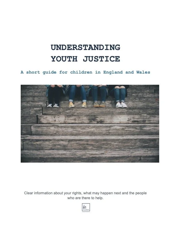 Cover of a booklet titled 'Understanding Youth Justice: A short guide for children in England and Wales.' The cover shows the lower legs and feet of children sitting on a wooden staircase.