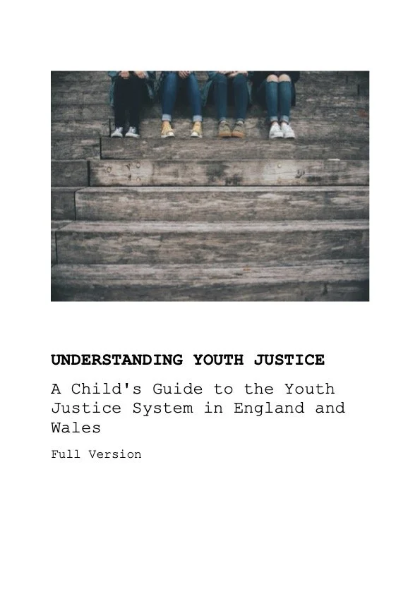 Cover page of a publication titled 'Understanding Youth Justice', showing a row of children sitting on wooden steps, focusing on their legs and feet.