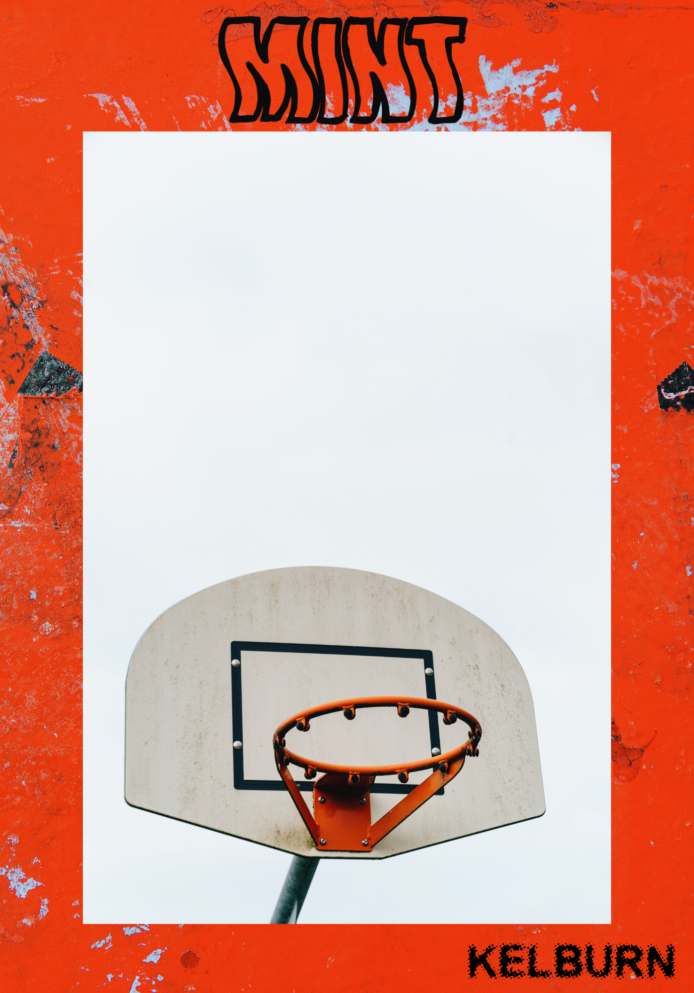 Close-up of a basketball hoop against a bright orange, textured background with the word 'SHOOT' written at the top and 'KELBURN' at the bottom right corner.