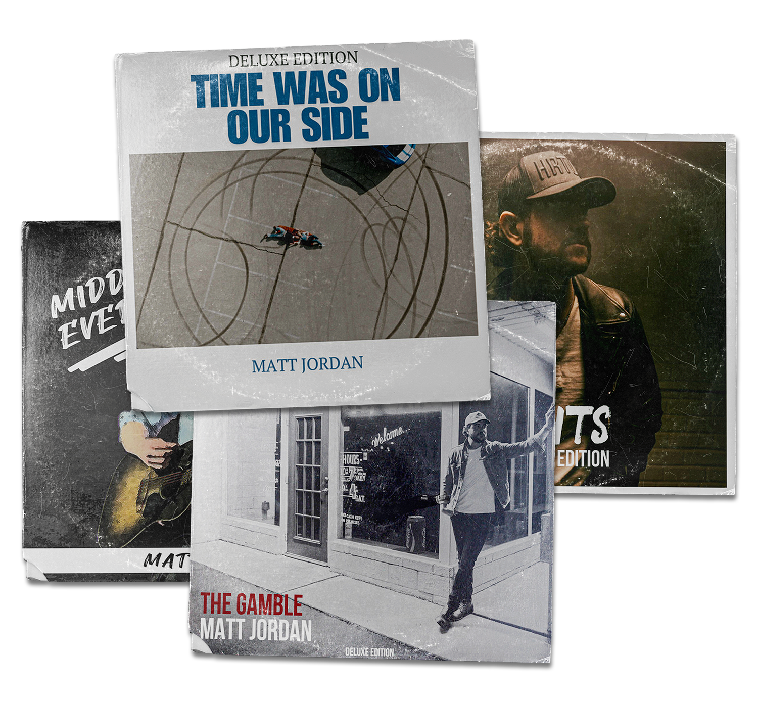 Three books stacked on top of each other. The top book is titled "Time Was On Our Side" by Matt Jordan, with a cover image of tire tracks on pavement. The middle book, partially visible, shows a man in a leather jacket and hat, with the title "Midnight". The bottom book appears to have a black and white photograph of a person walking outside a shop with a