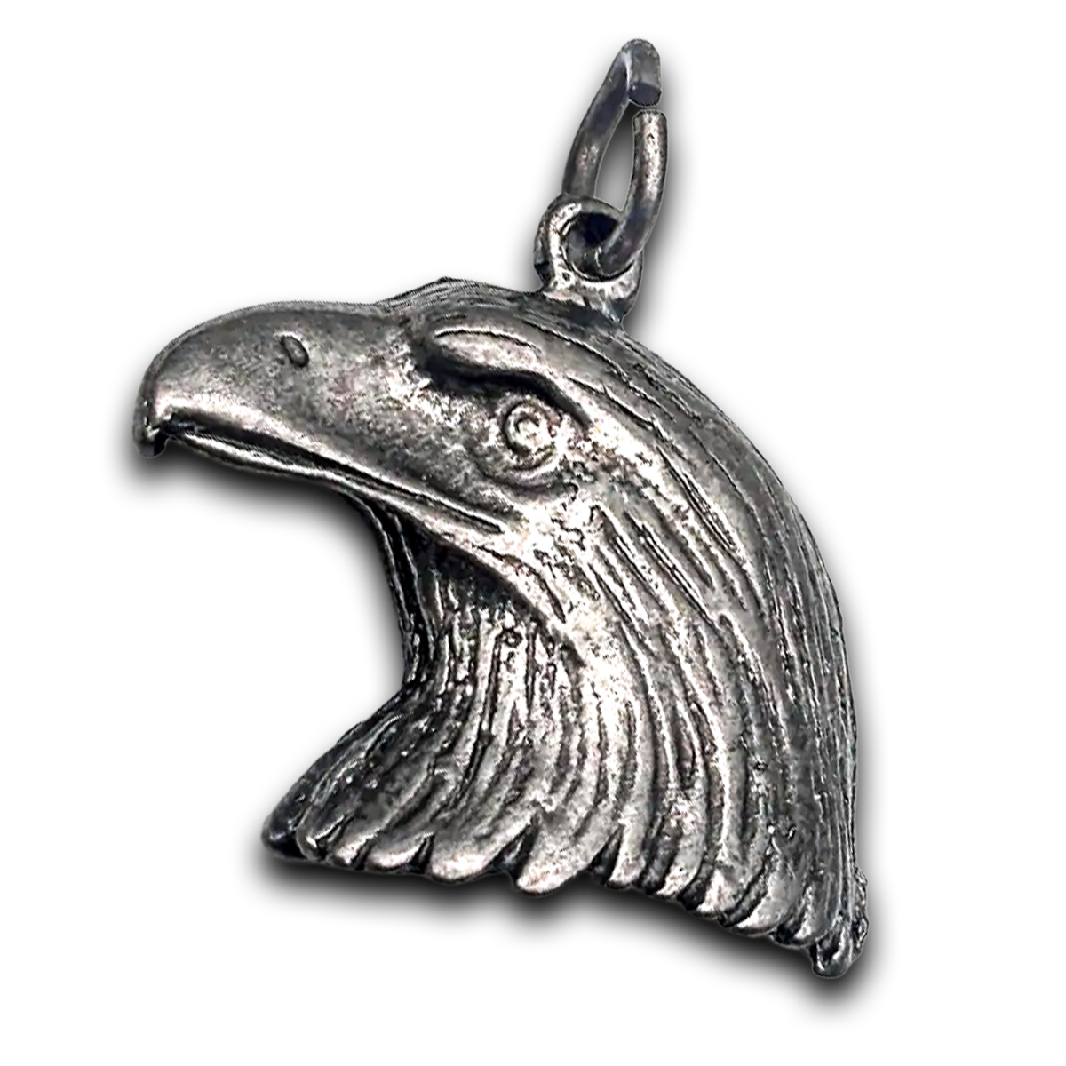 Silver pendant in the shape of a bird's head against a black background.