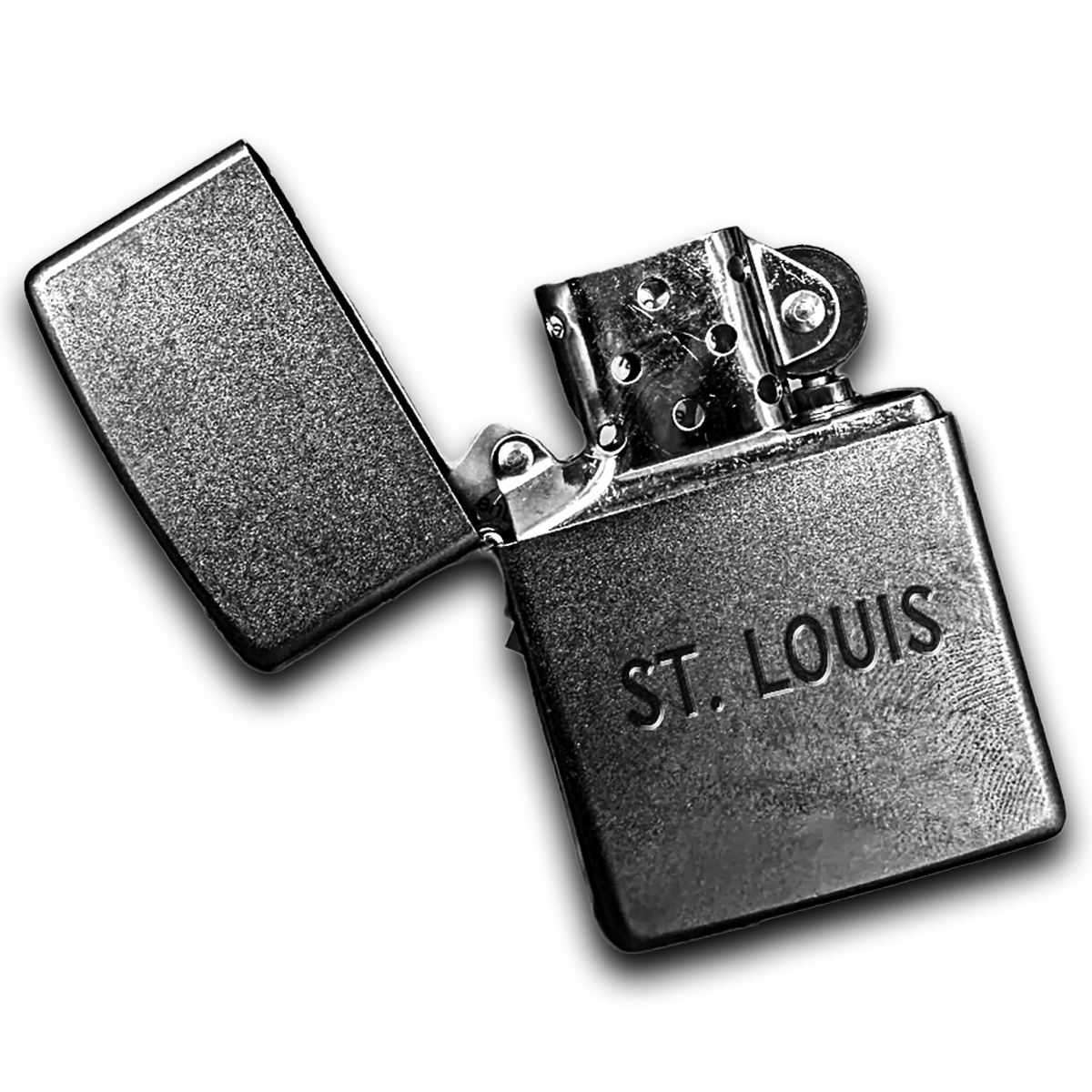 A silver metal Zippo lighter with the words 'ST. LOUIS' engraved on it, open to reveal the ignition mechanism, against a black background.
