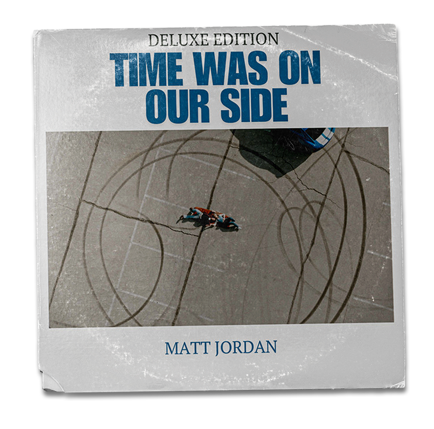 Book cover titled "Time Was on Our Side" by Matt Jordan, featuring aerial view of a motorcycle practicing wheelies on a parking lot with tire marks.
