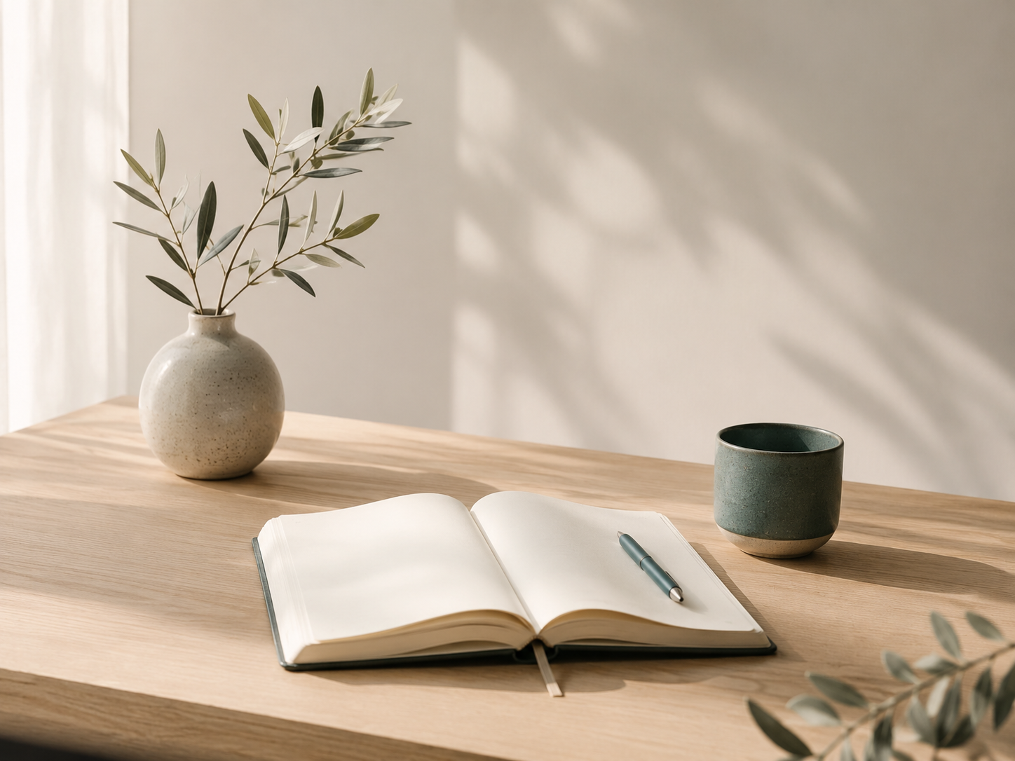 Ein offenes Buch mit einem Stift darauf, auf einem Holztisch mit einer Keramikvase mit grünen Zweigen und einer grünen Keramik-Tasse.