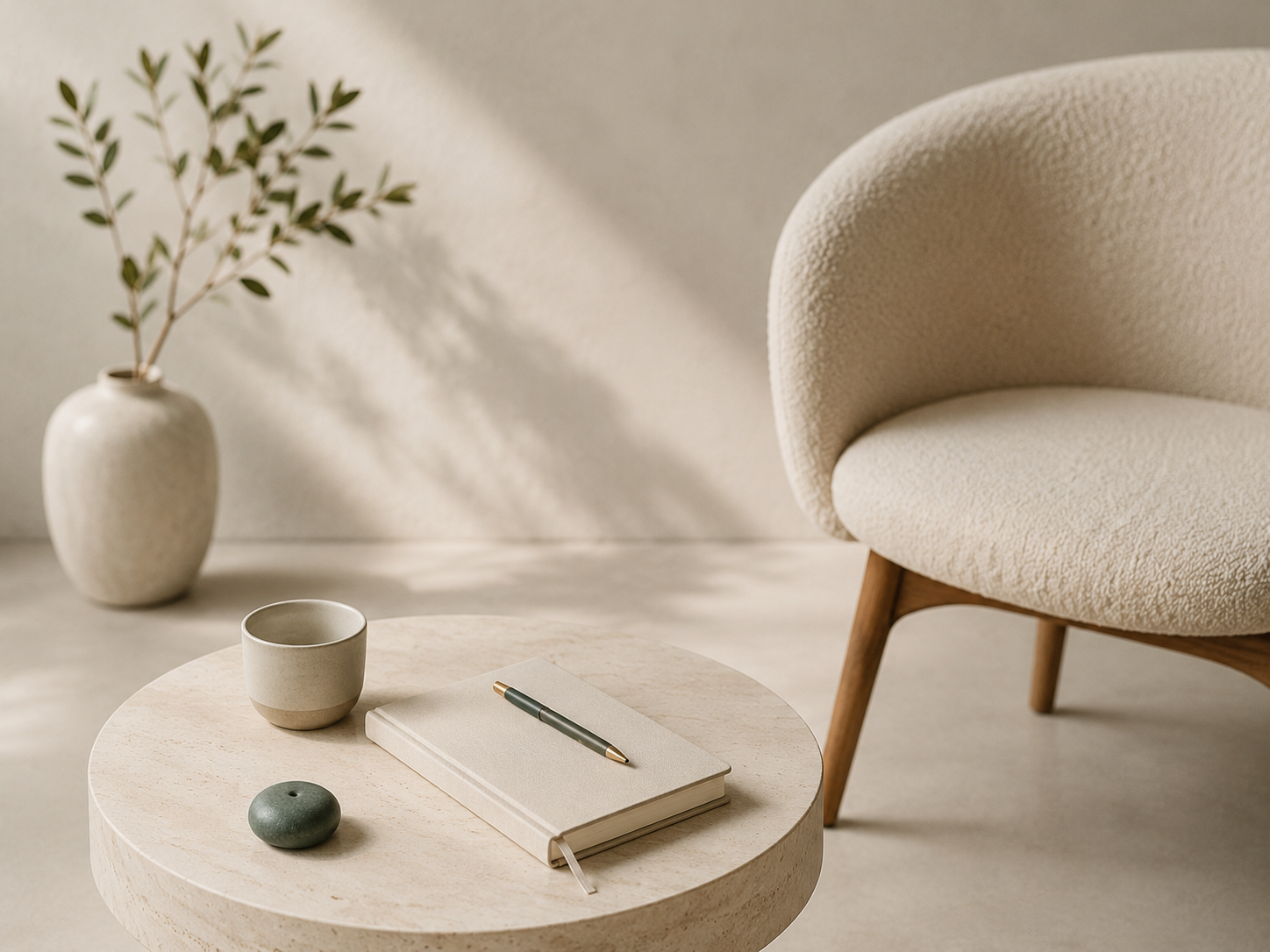 Ein runder Beistelltisch mit einem Notizbuch, einem Griffel, einer grünen Kachel und einer Tasse. Im Hintergrund ein cremefarbenes, modernes Sessel und eine große Vase mit Zweigen, alles in neutralen Farben und weichen Licht.